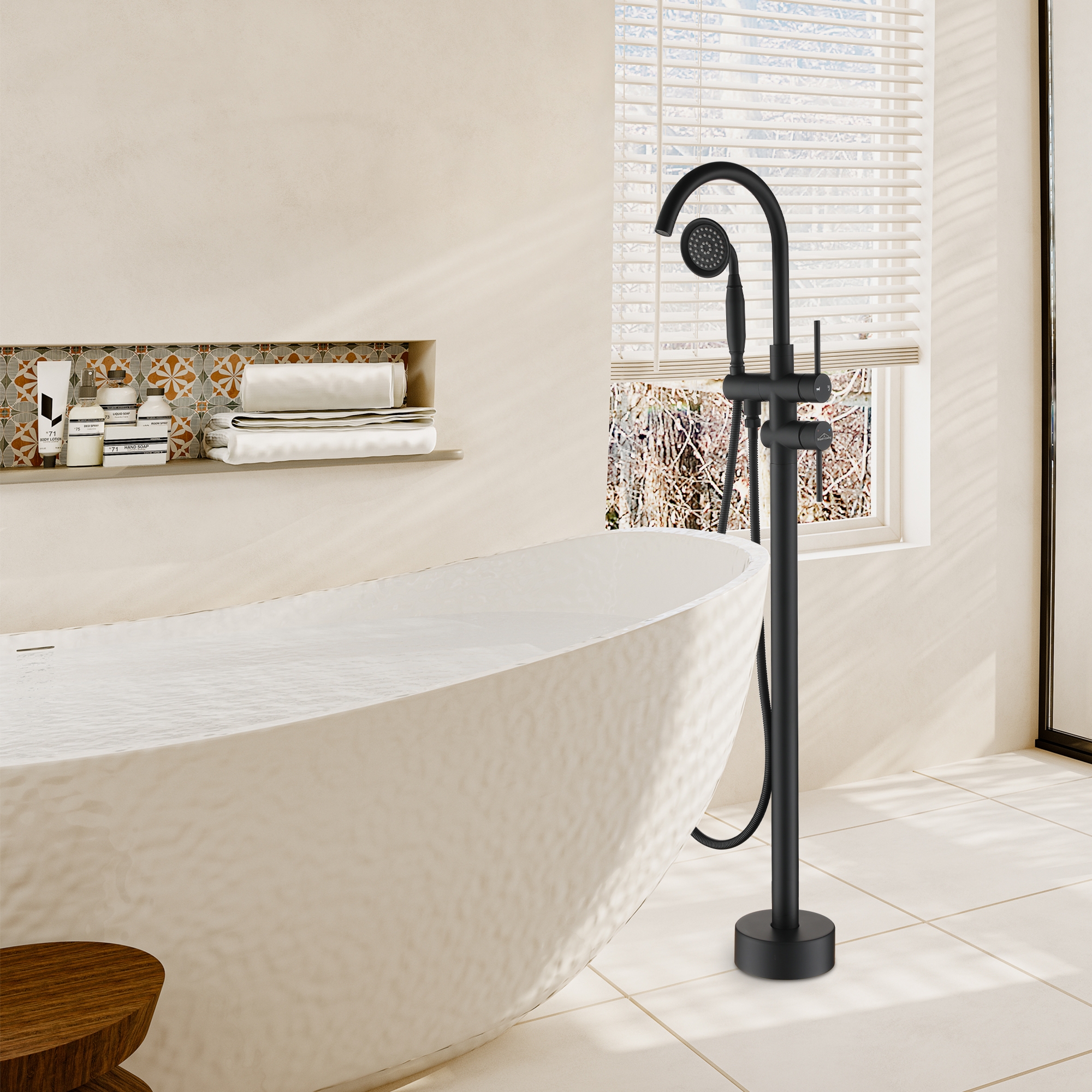 Freestanding Bathtub Faucet with Handheld Shower & Double Handles