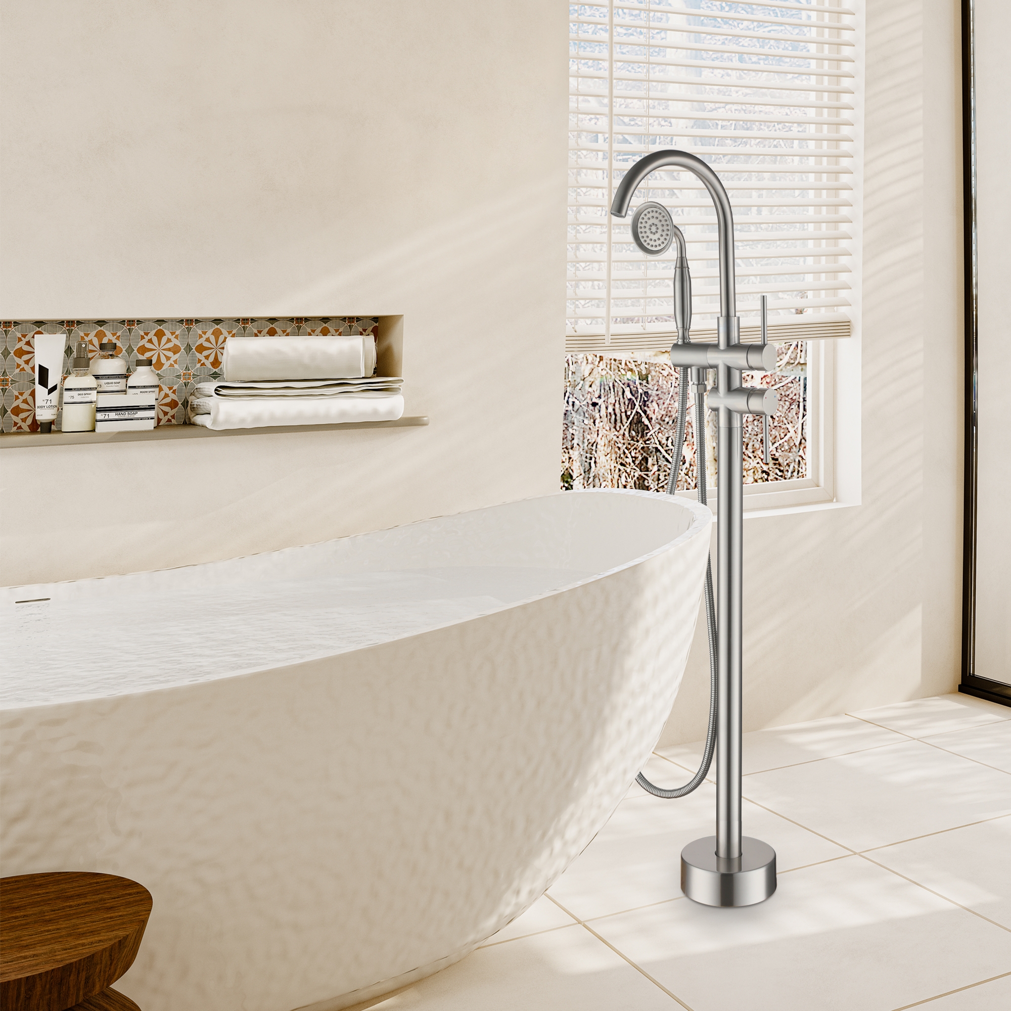 Freestanding Bathtub Faucet with Handheld Shower & Double Handles