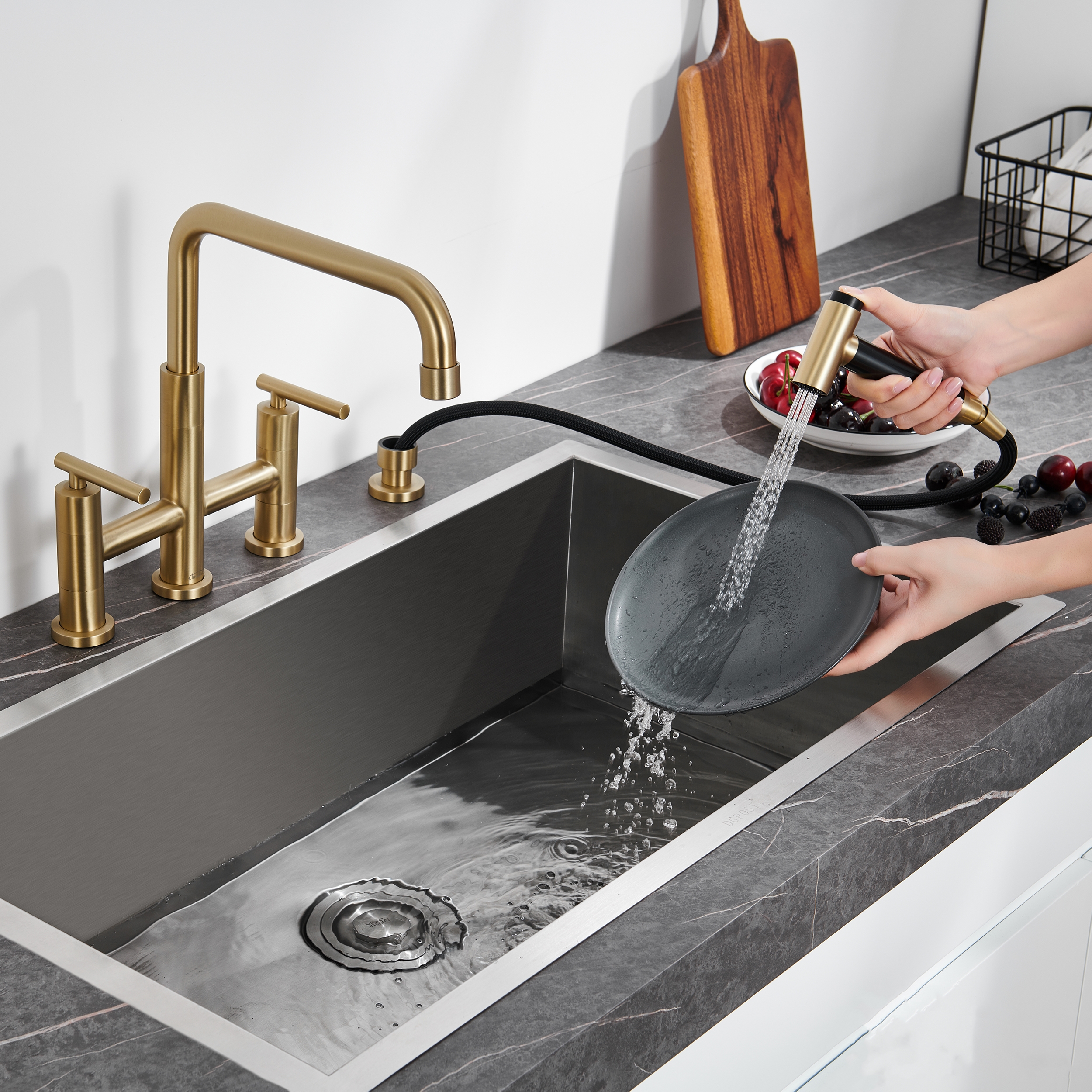 Pull-Down Bridge Kitchen Faucet with Double Handles & Bubbler Aerator