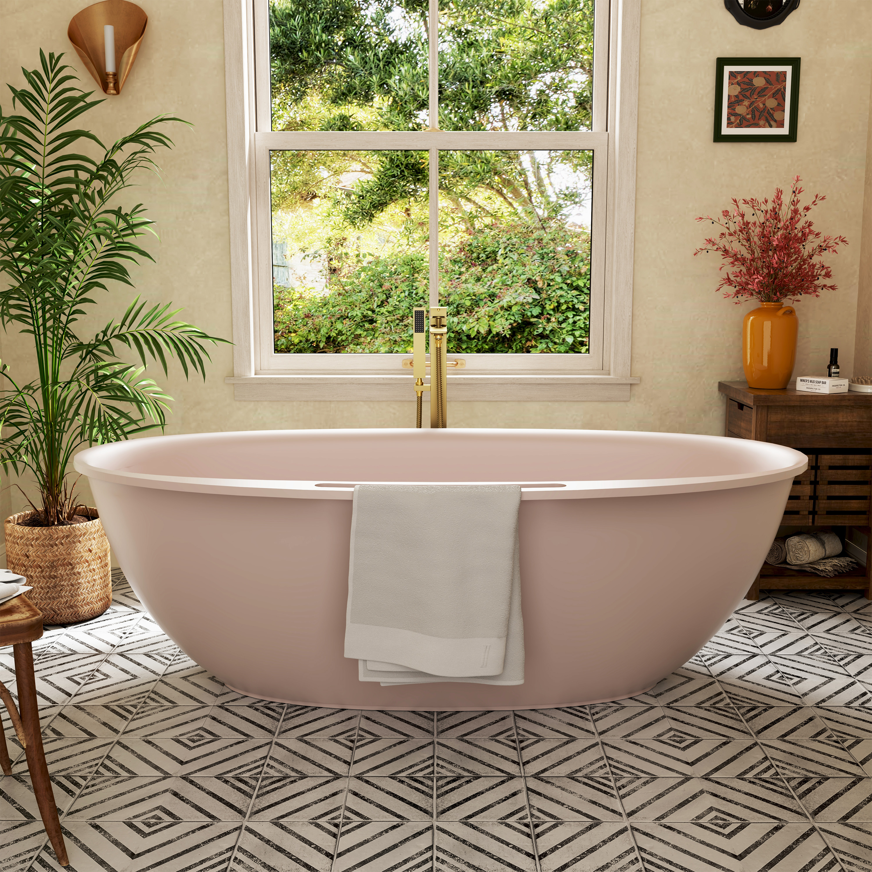 63"/67" Solid Surface Freestanding Matte Colored Bathtub with Rim Towel Slot