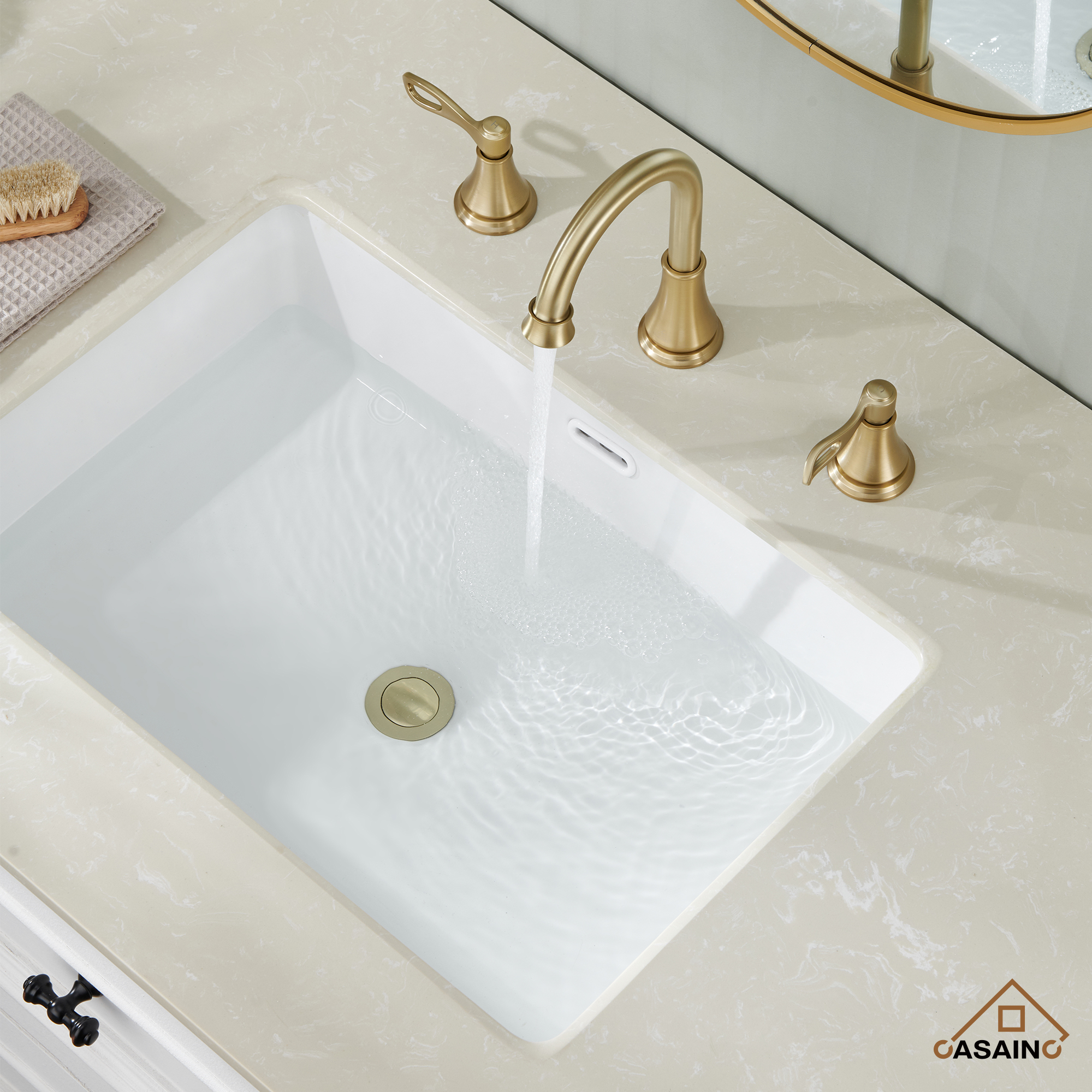 Casainc 8" Brass Bathroom Sink Faucet 3 Hole Gold Bathroom Faucet  2 Handle Gold Faucet for Bathroom Sink with Pop-up Drain Assembly Widespread Vanity Faucets