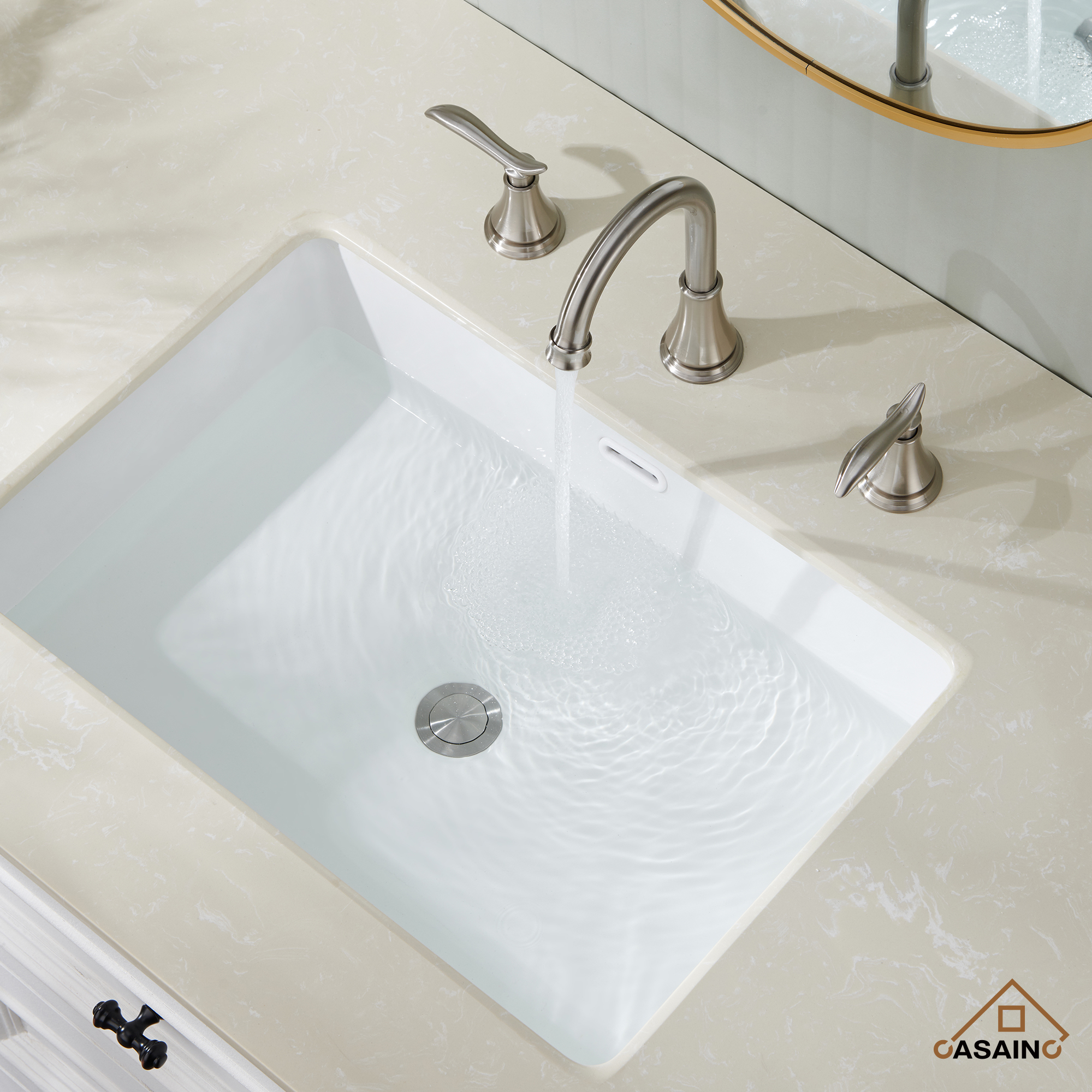 Casainc 8" Brass Bathroom Sink Faucet 2 Handle 3 Hole Gold Bathroom Faucet for Bathroom Sink with Pop-up Drain Assembly Widespread Vanity Faucets 360° Swivel Spout