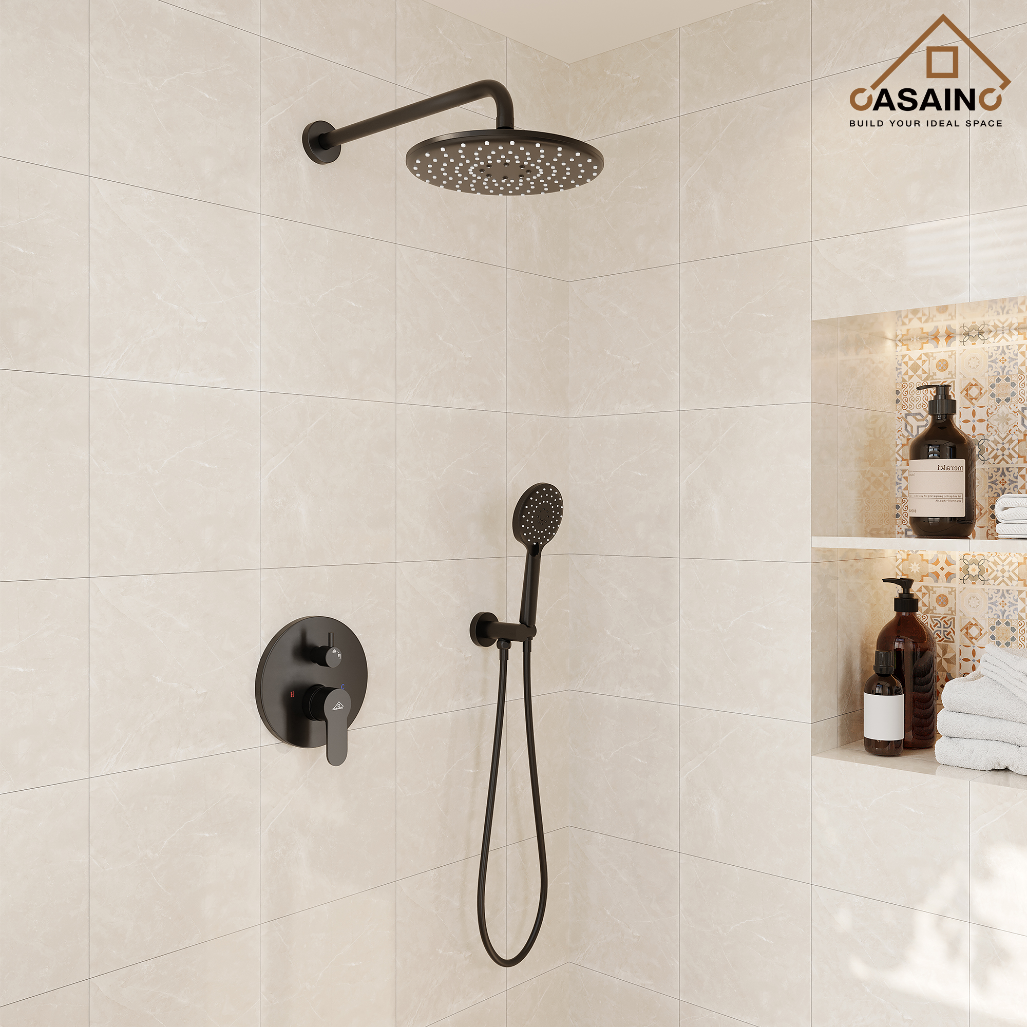 Casainc 3-Spray with 2.5 GPM 10 in. 2 Functions Wall Mount Dual Round Shower Heads in Spot in Matte Black (Valve Included)
