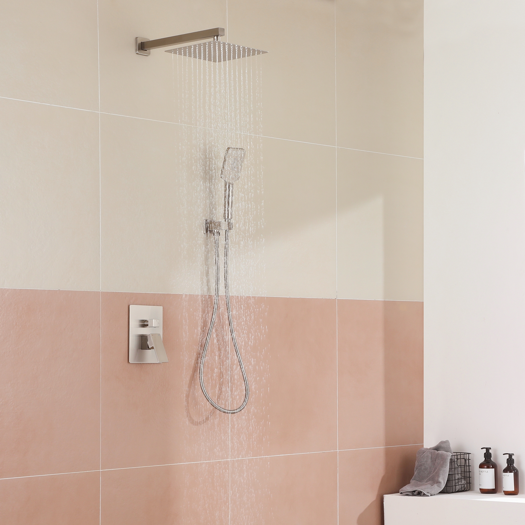 10-inch/12-inch Rain Shower System with 3-Spray Pattern Hand Shower in Brushed Nickel