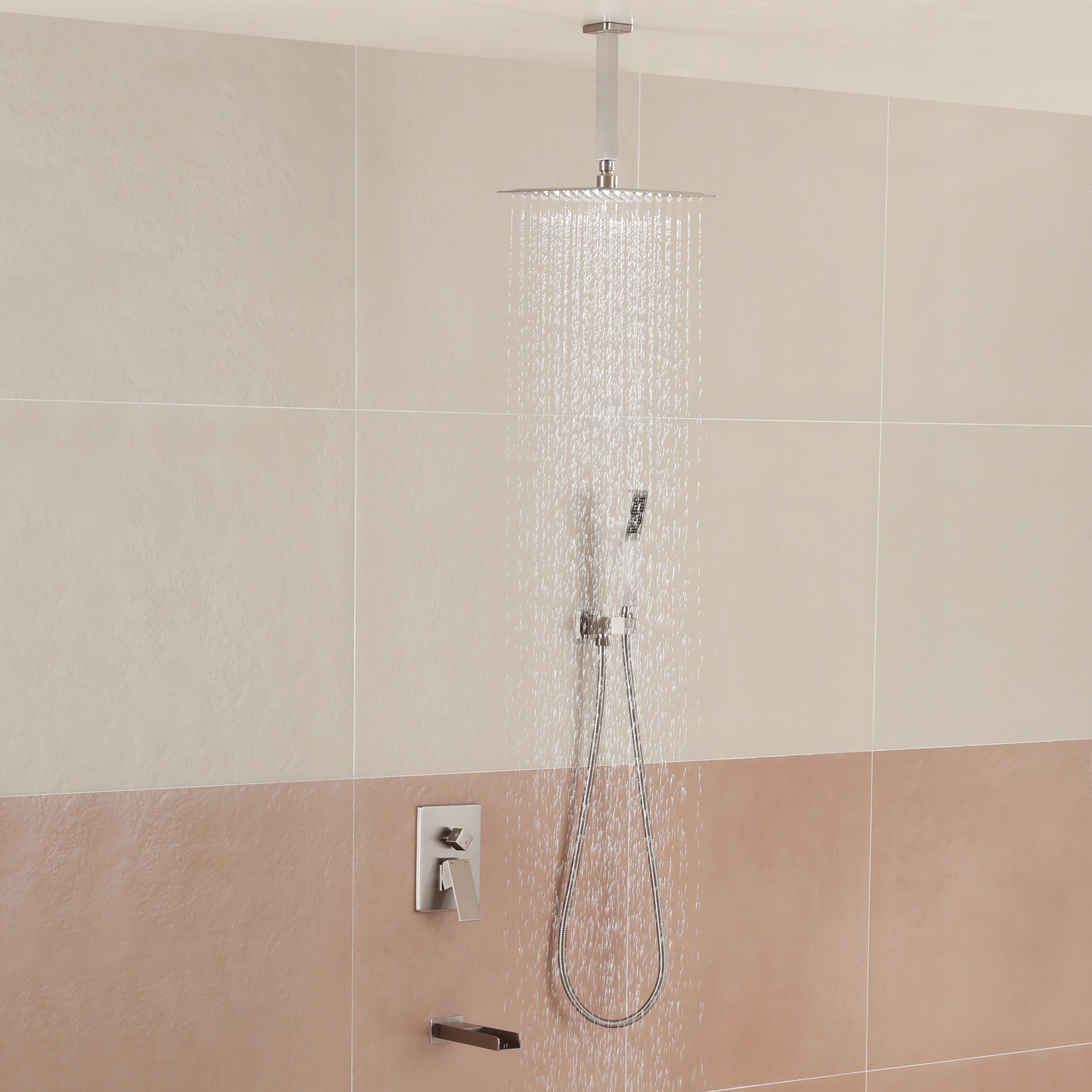 10-inch Ceiling-Mount 3-Function Shower System with Waterfall Tub Spout