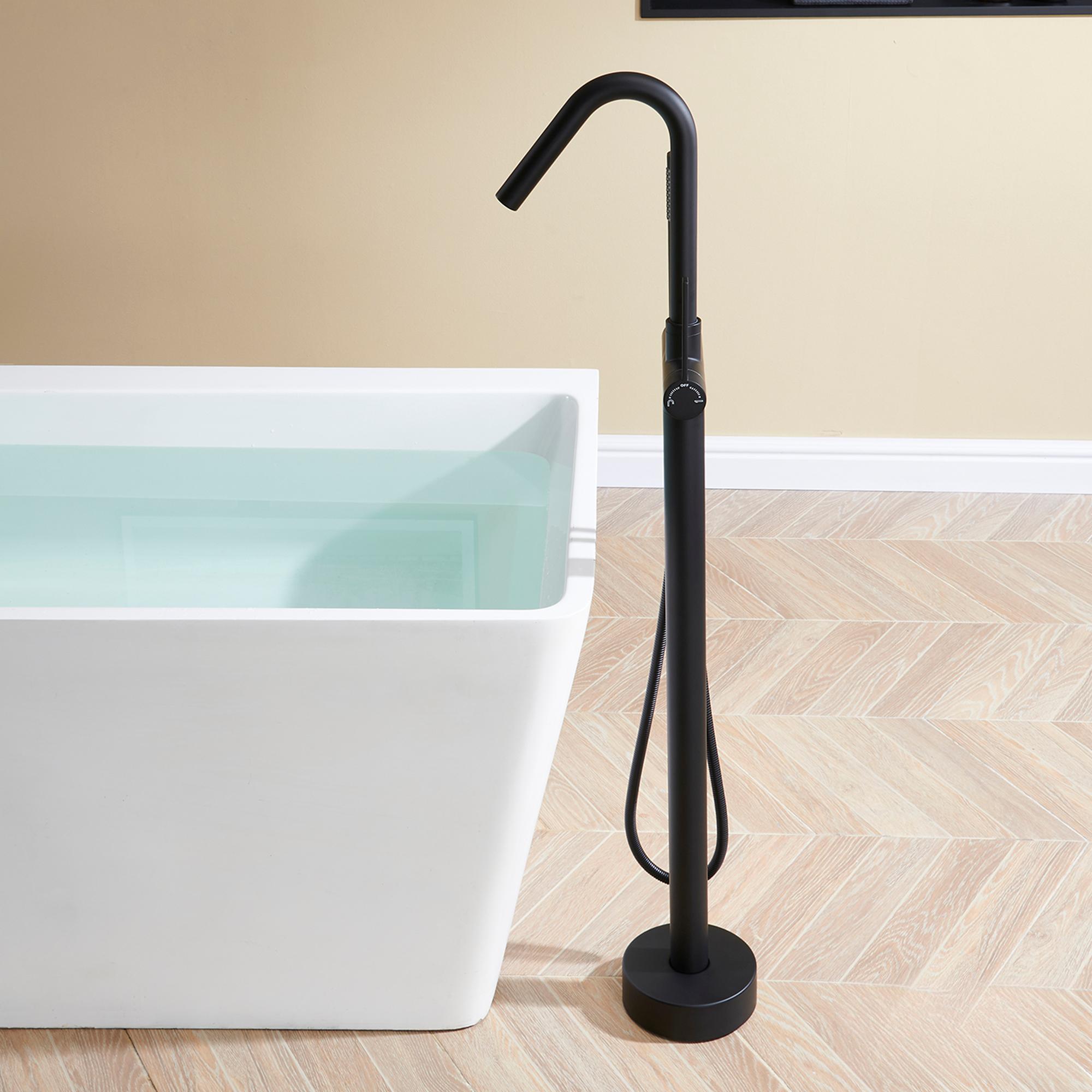 Solid Brass Floor Mount Bathtub Faucet with Hand Shower and High Arc Spout