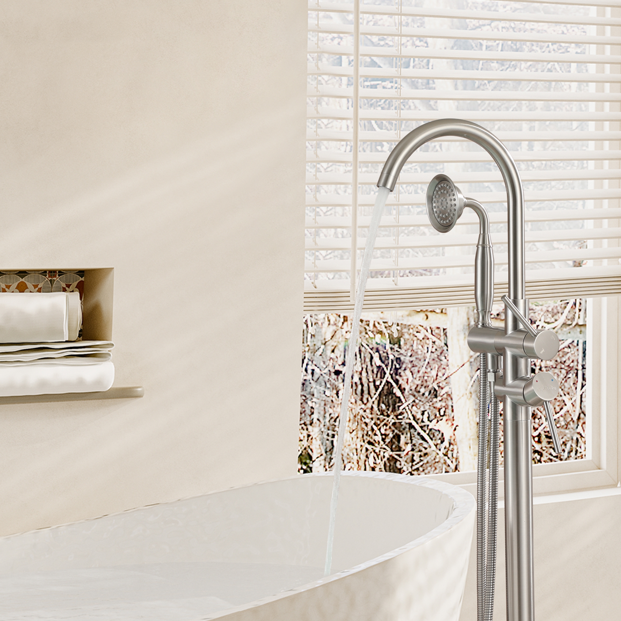 Freestanding Bathtub Faucet with Handheld Shower & Double Handles