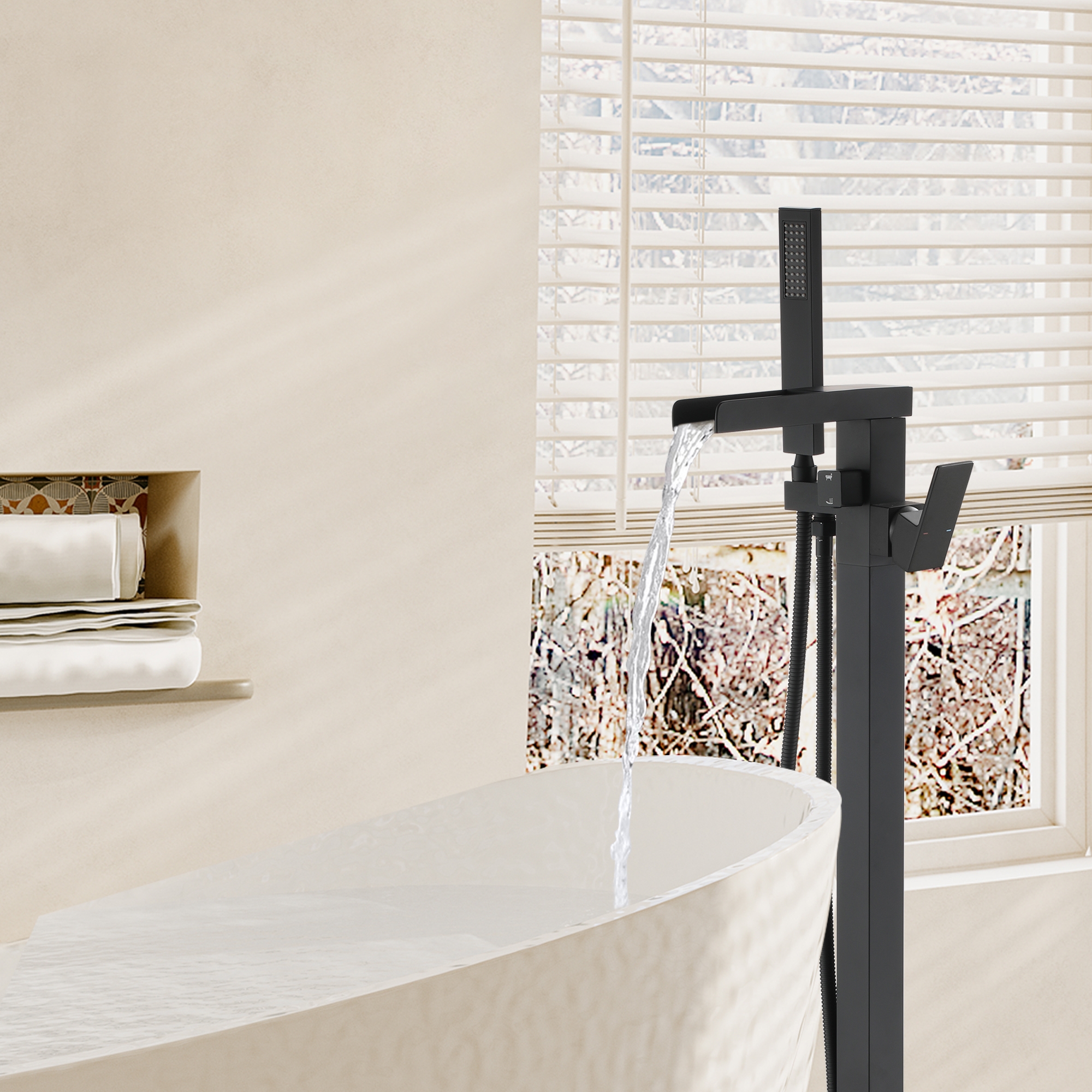 Single-Handle Freestanding Waterfall Bathtub Faucet with Handheld Shower