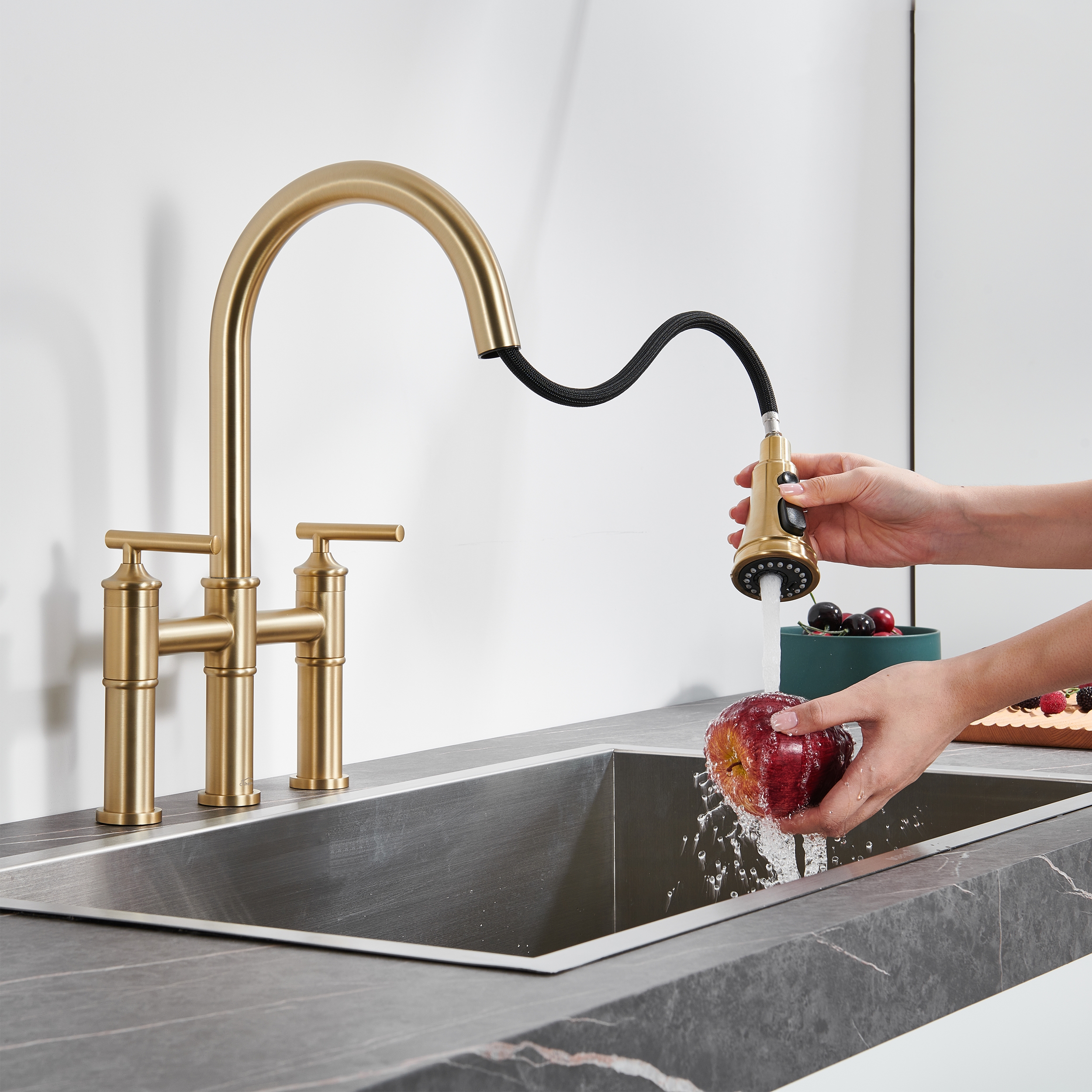 Bridge Style Pull-Down Kitchen Faucet with Double Handles & 3-Mode Spray