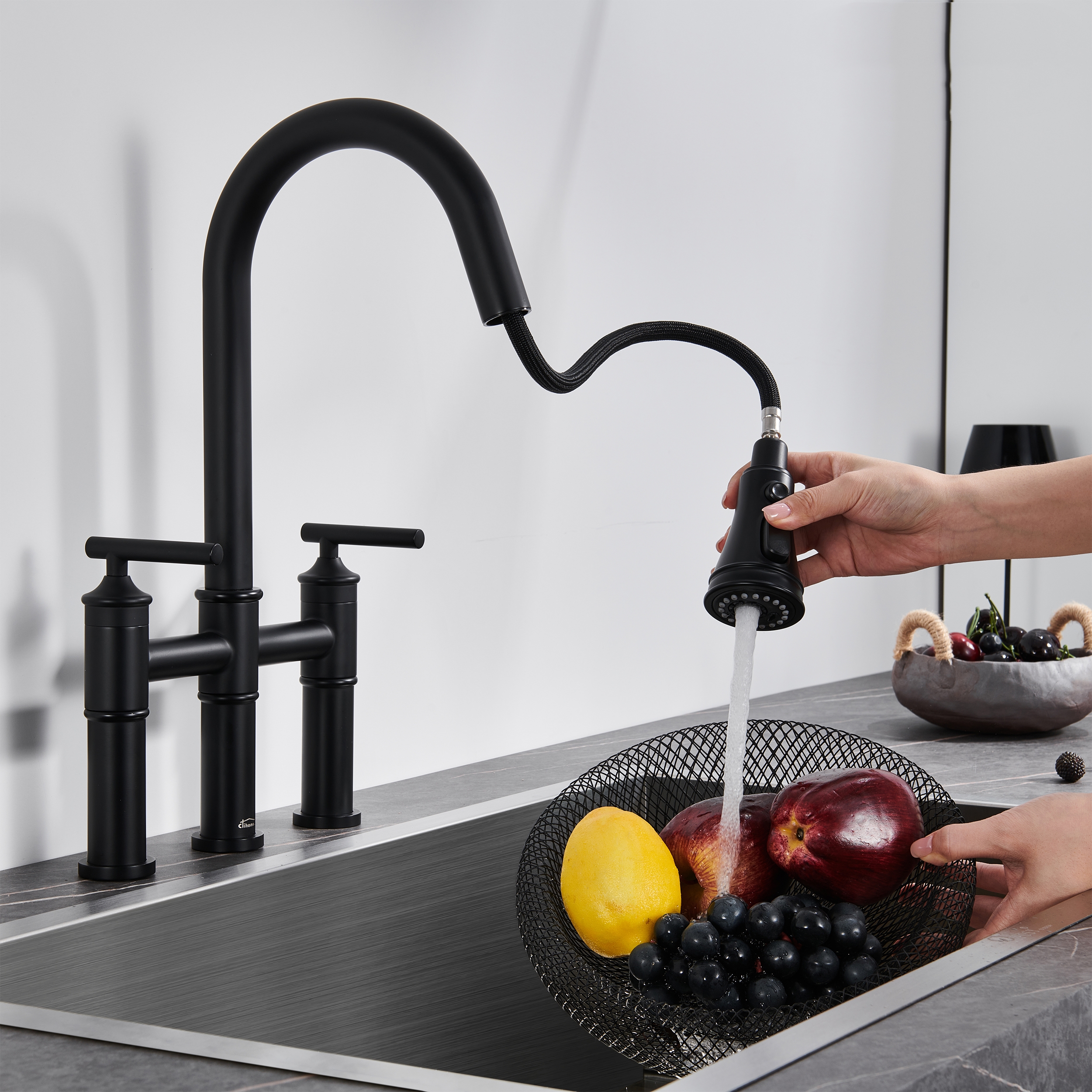 Bridge Style Pull-Down Kitchen Faucet with Double Handles & 3-Mode Spray