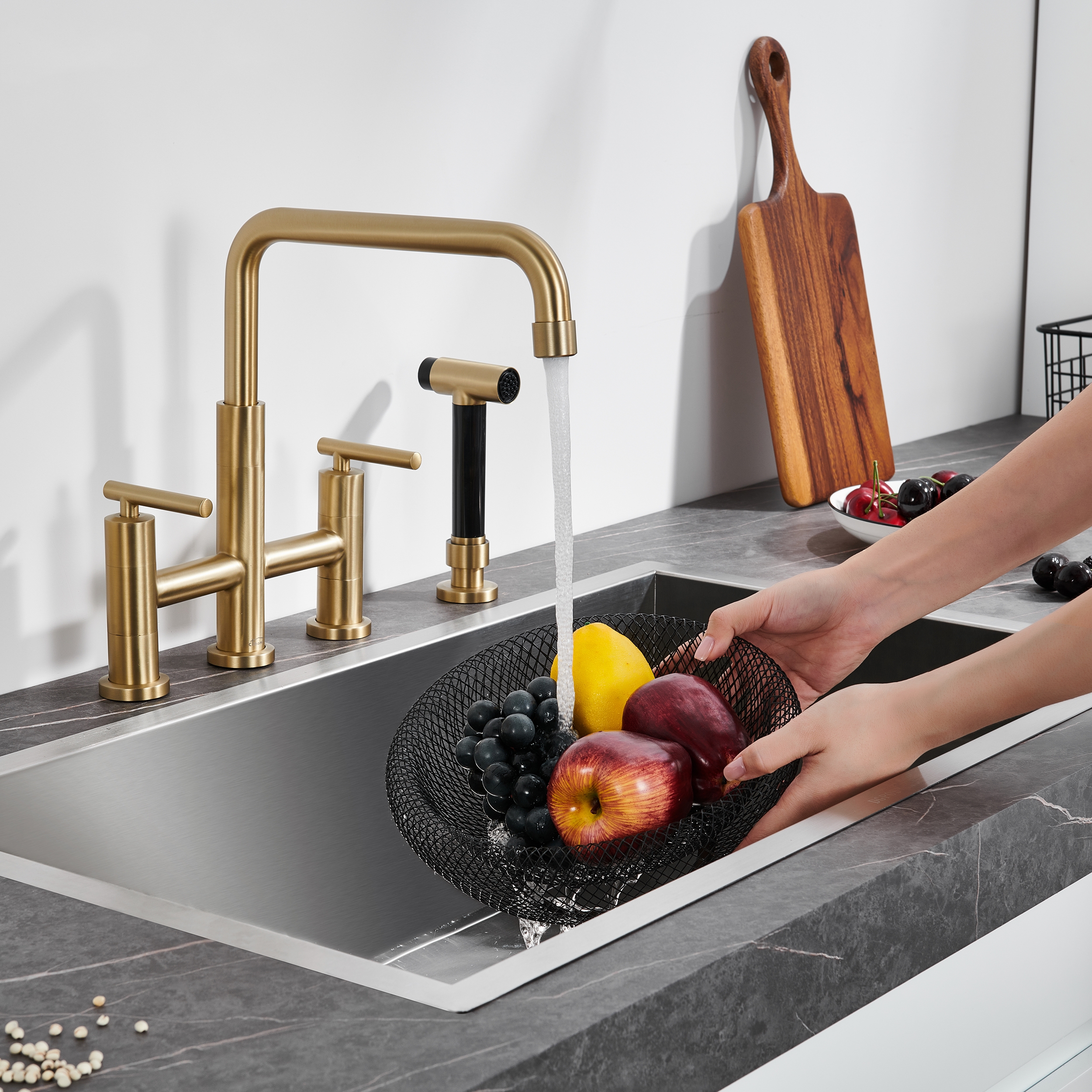 Pull-Down Bridge Kitchen Faucet with Double Handles & Bubbler Aerator