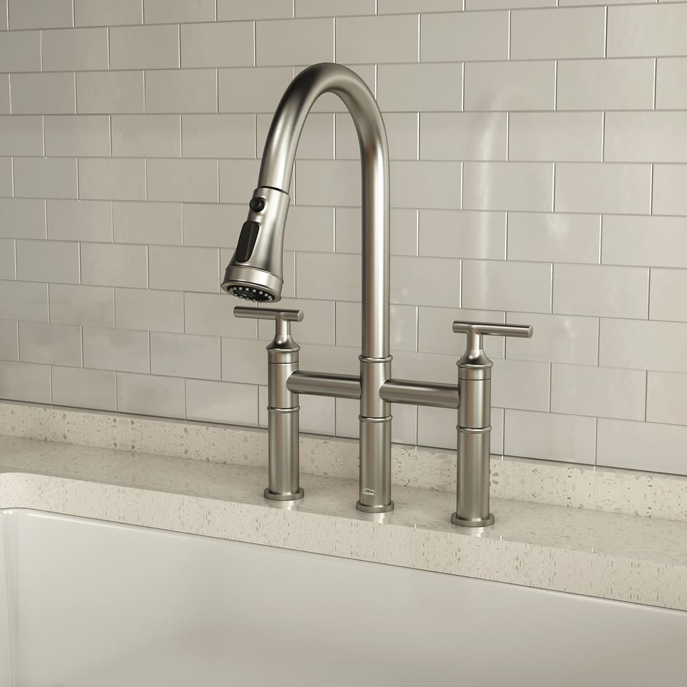 Bridge Style Pull-Down Kitchen Faucet with Double Handles & 3-Mode Spray