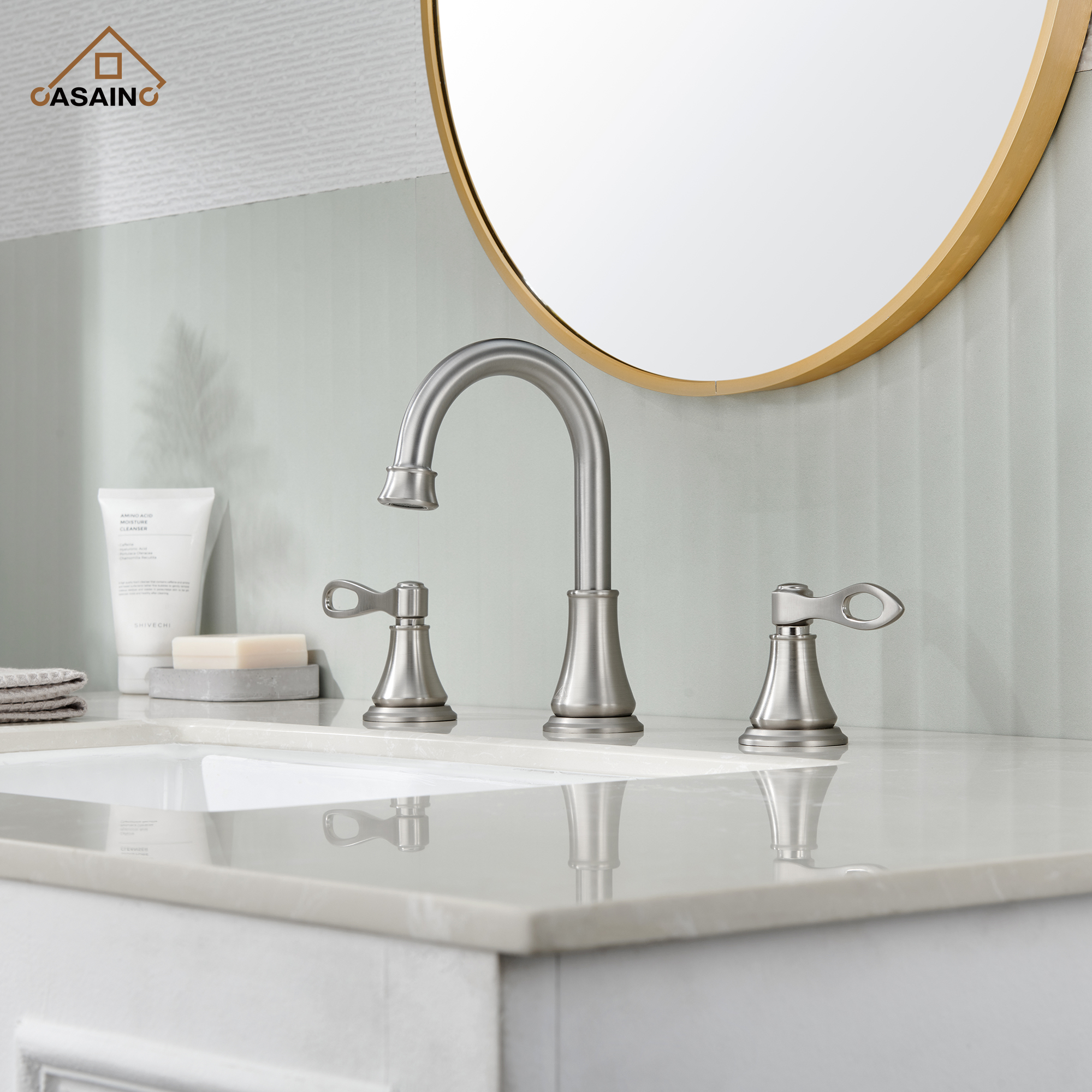 Casainc 8" Brass Bathroom Sink Faucet 3 Hole Gold Bathroom Faucet  2 Handle Gold Faucet for Bathroom Sink with Pop-up Drain Assembly Widespread Vanity Faucets