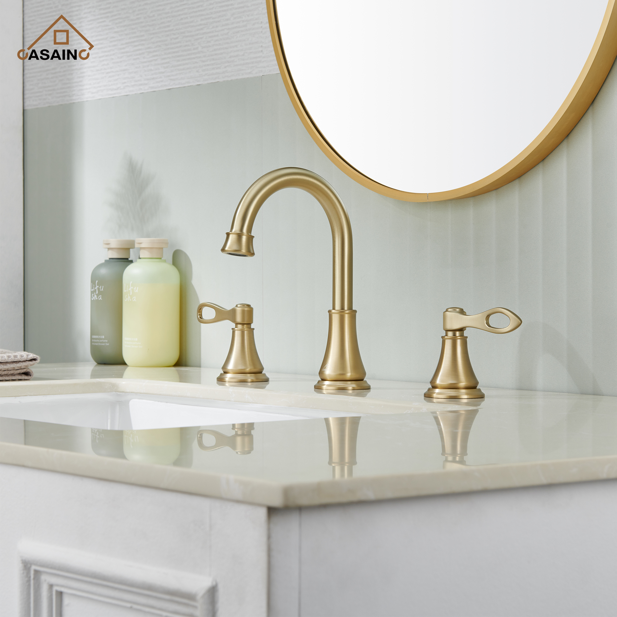 Casainc 8" Brass Bathroom Sink Faucet 3 Hole Gold Bathroom Faucet  2 Handle Gold Faucet for Bathroom Sink with Pop-up Drain Assembly Widespread Vanity Faucets