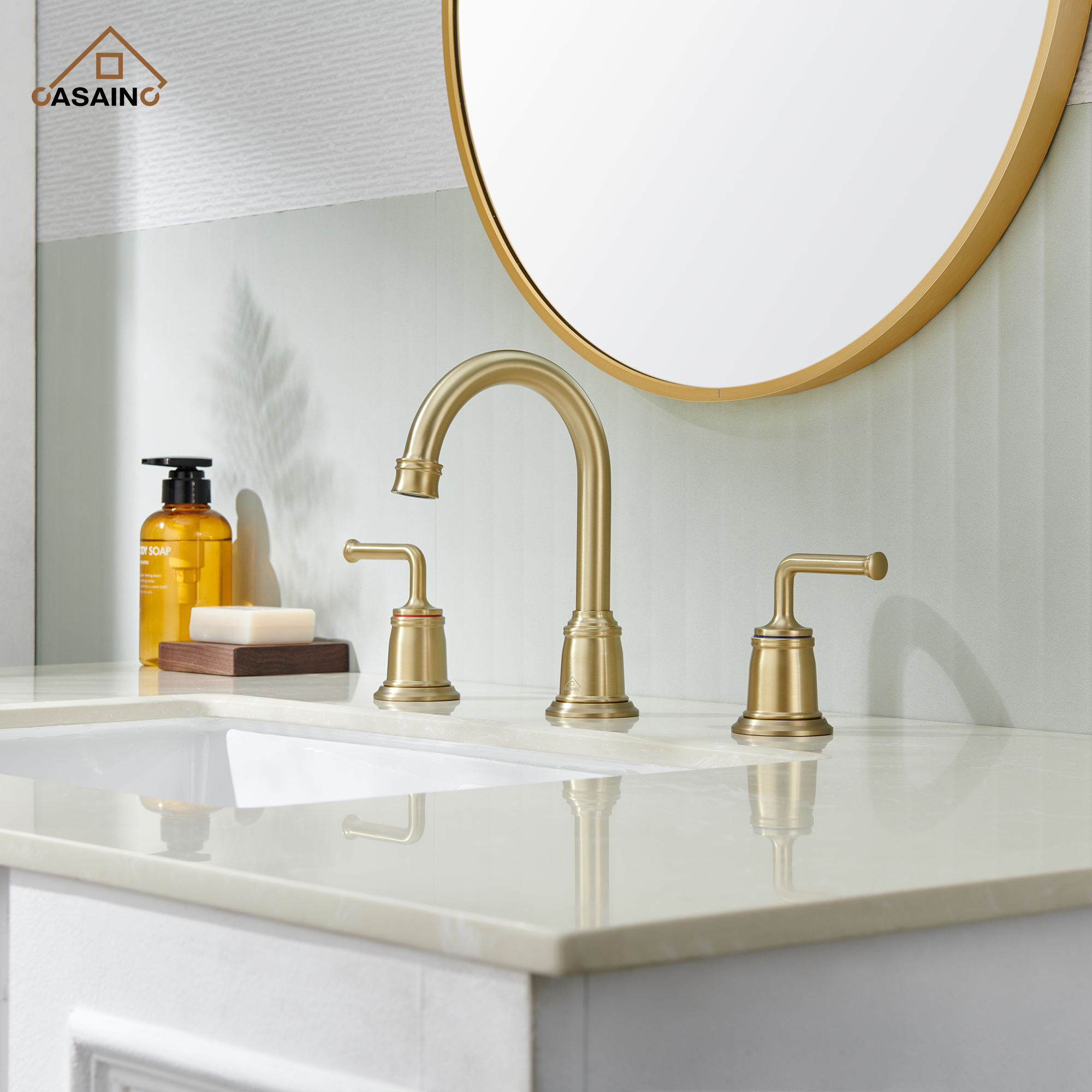 Casainc 8" Brass Bathroom Sink Faucet 2 Handle 3 Hole Gold Bathroom Faucet for Bathroom Sink with Pop-up Drain Assembly Widespread Vanity Faucets