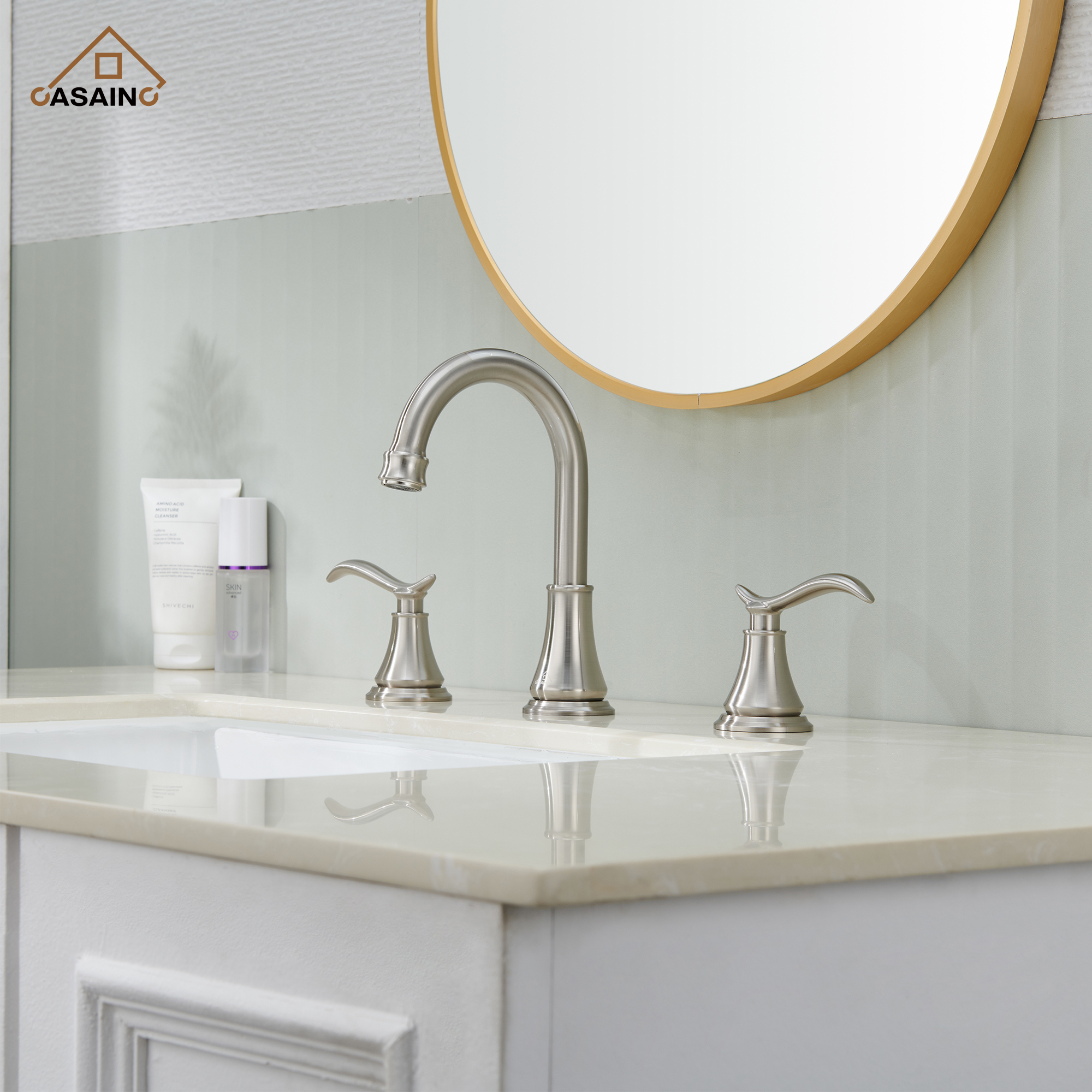 Casainc 8" Brass Bathroom Sink Faucet 2 Handle 3 Hole Gold Bathroom Faucet for Bathroom Sink with Pop-up Drain Assembly Widespread Vanity Faucets 360° Swivel Spout