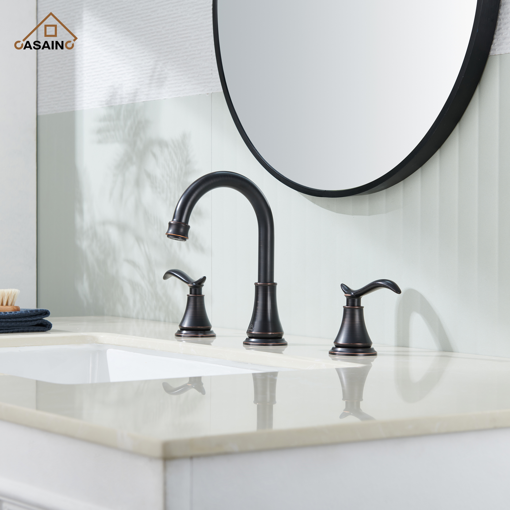 Casainc 8" Brass Bathroom Sink Faucet 2 Handle 3 Hole Gold Bathroom Faucet for Bathroom Sink with Pop-up Drain Assembly Widespread Vanity Faucets 360° Swivel Spout