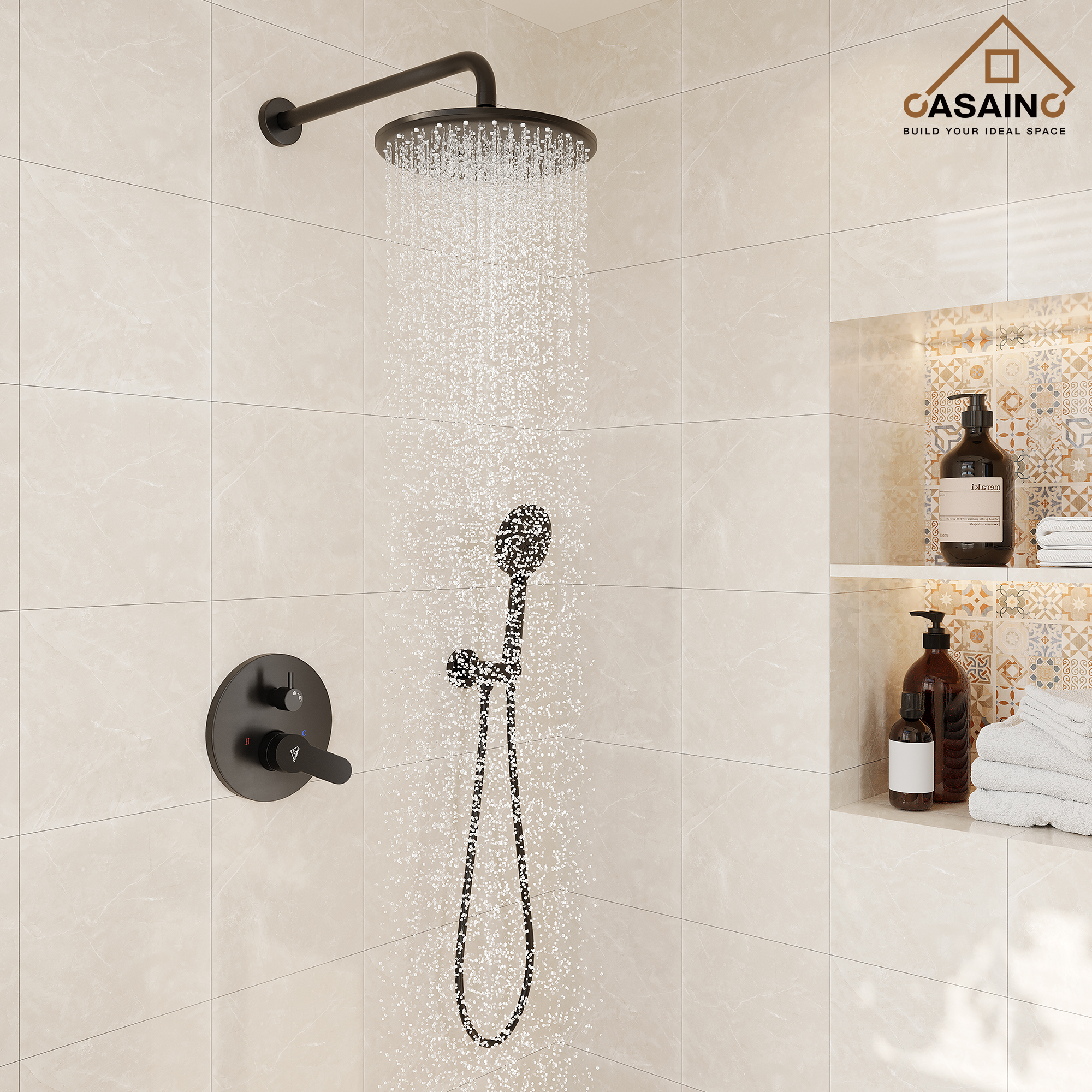 Casainc 3-Spray with 2.5 GPM 10 in. 2 Functions Wall Mount Dual Round Shower Heads in Spot in Matte Black (Valve Included)
