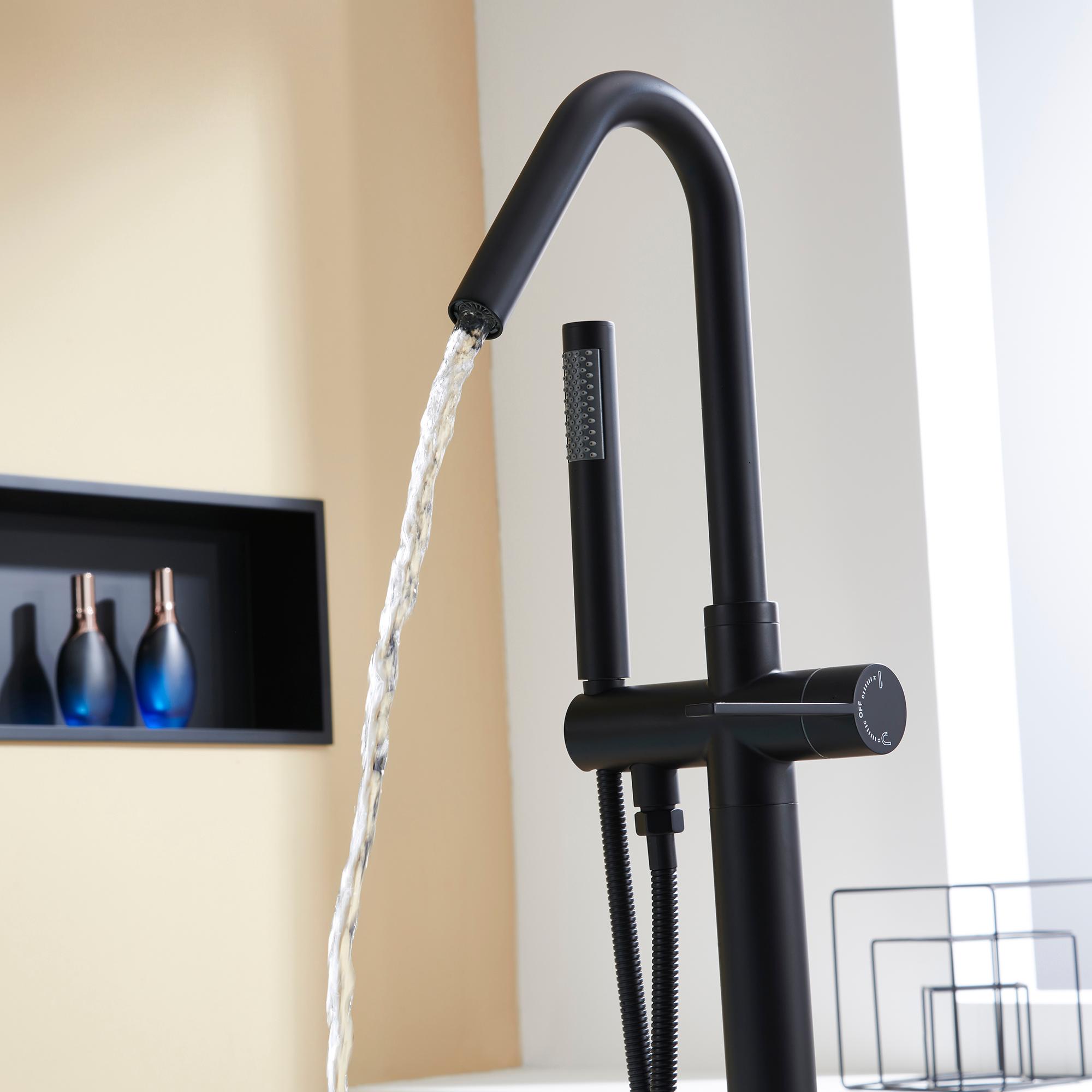 Solid Brass Floor Mount Bathtub Faucet with Hand Shower and High Arc Spout