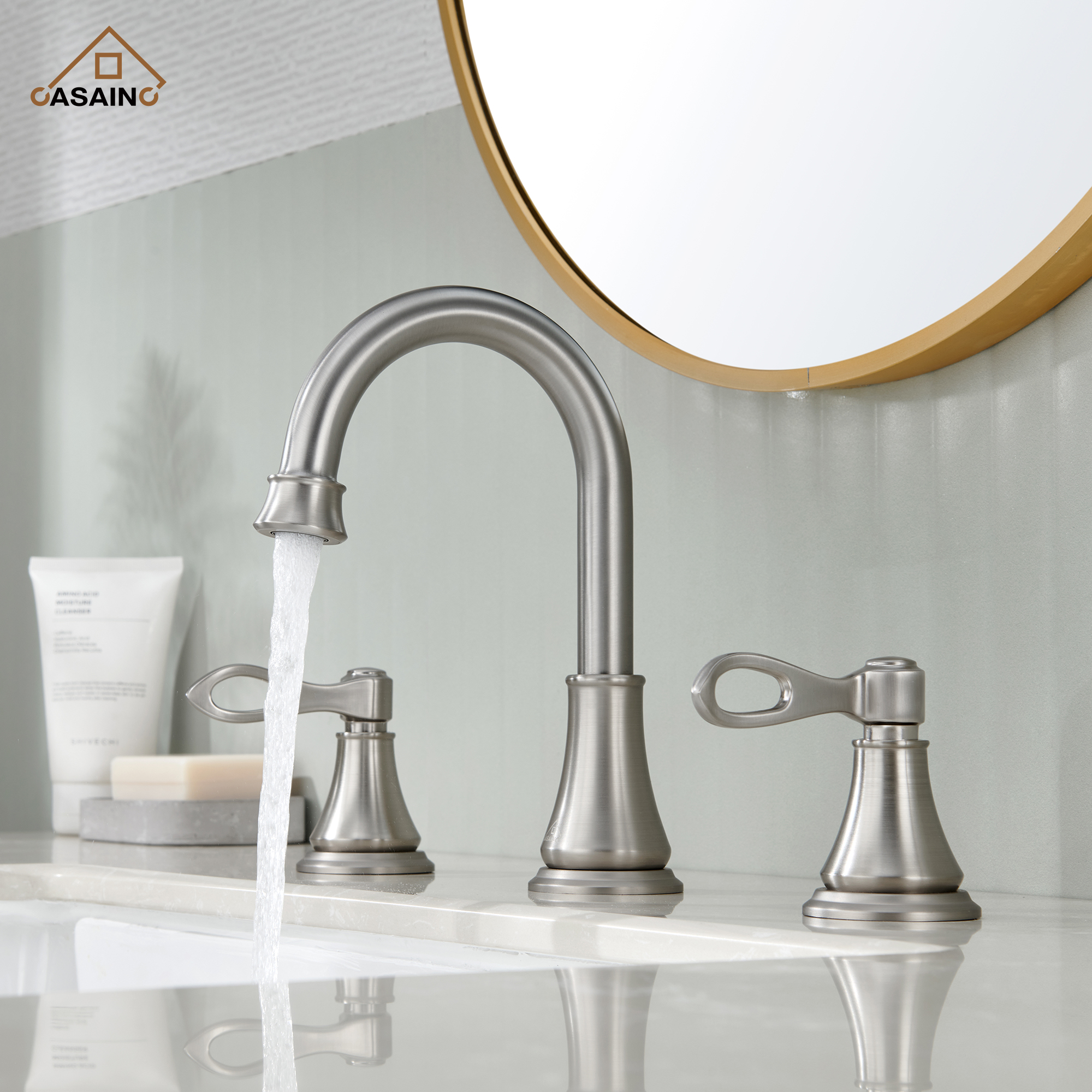 Casainc 8" Brass Bathroom Sink Faucet 3 Hole Gold Bathroom Faucet  2 Handle Gold Faucet for Bathroom Sink with Pop-up Drain Assembly Widespread Vanity Faucets