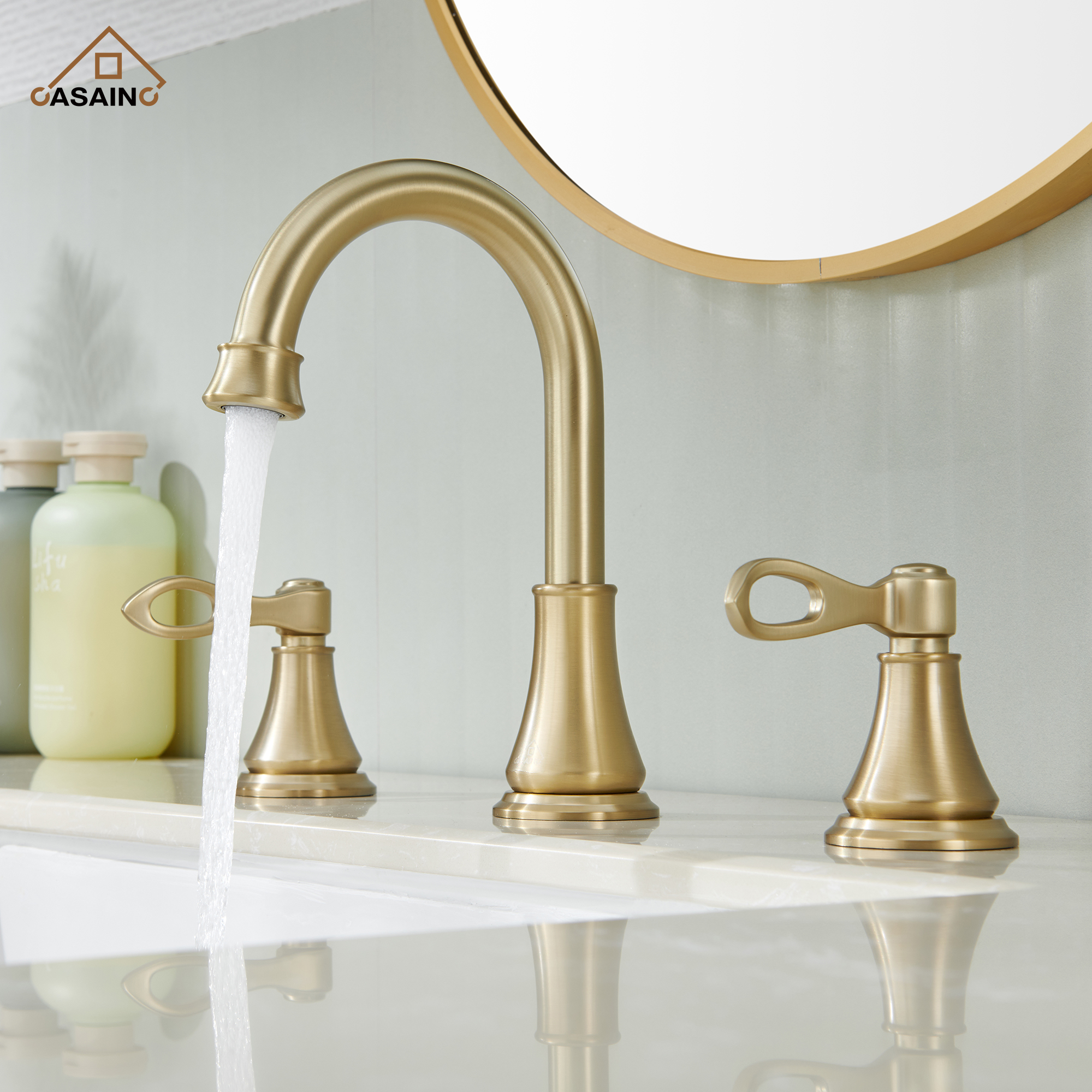 Casainc 8" Brass Bathroom Sink Faucet 3 Hole Gold Bathroom Faucet  2 Handle Gold Faucet for Bathroom Sink with Pop-up Drain Assembly Widespread Vanity Faucets