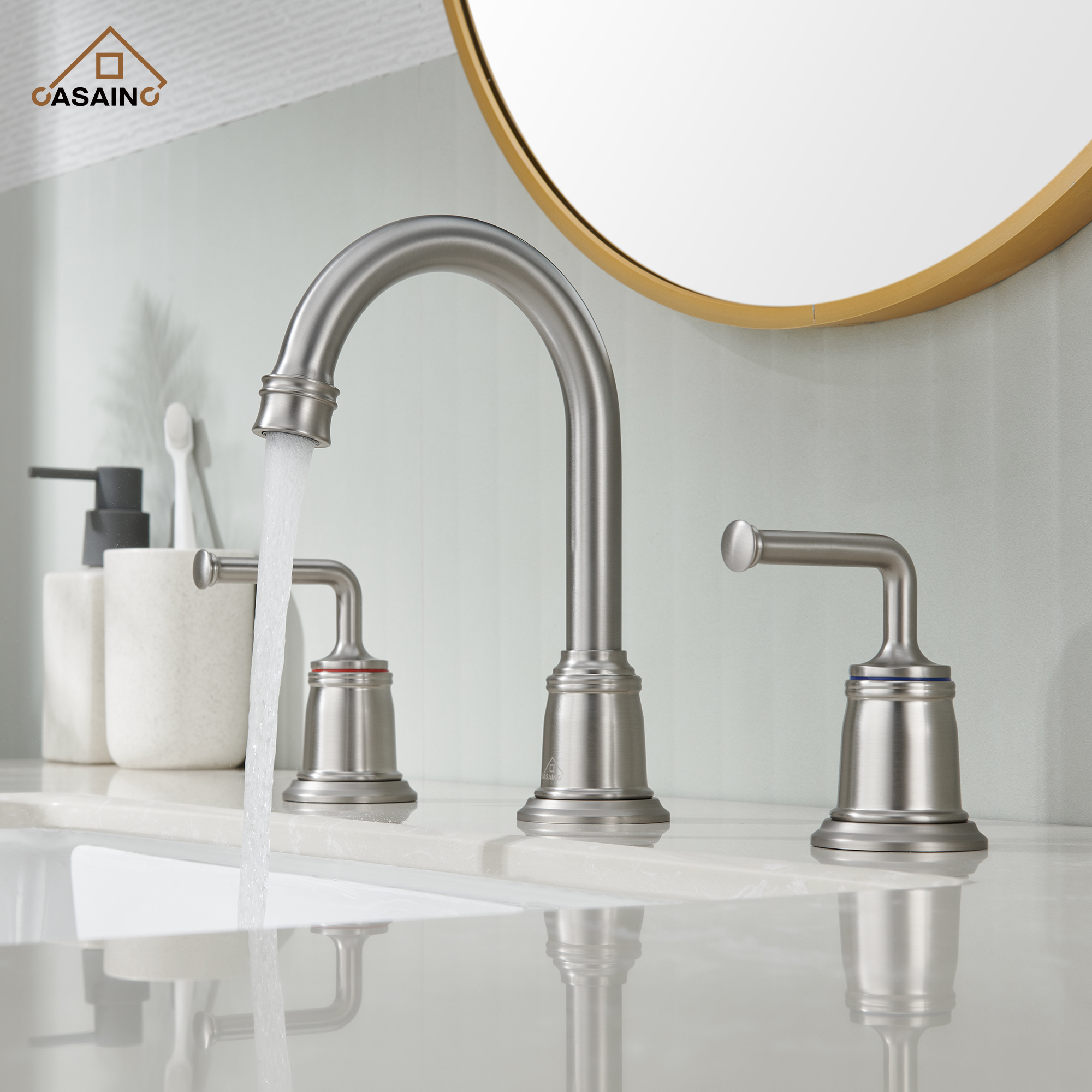 Casainc 8" Brass Bathroom Sink Faucet 2 Handle 3 Hole Gold Bathroom Faucet for Bathroom Sink with Pop-up Drain Assembly Widespread Vanity Faucets