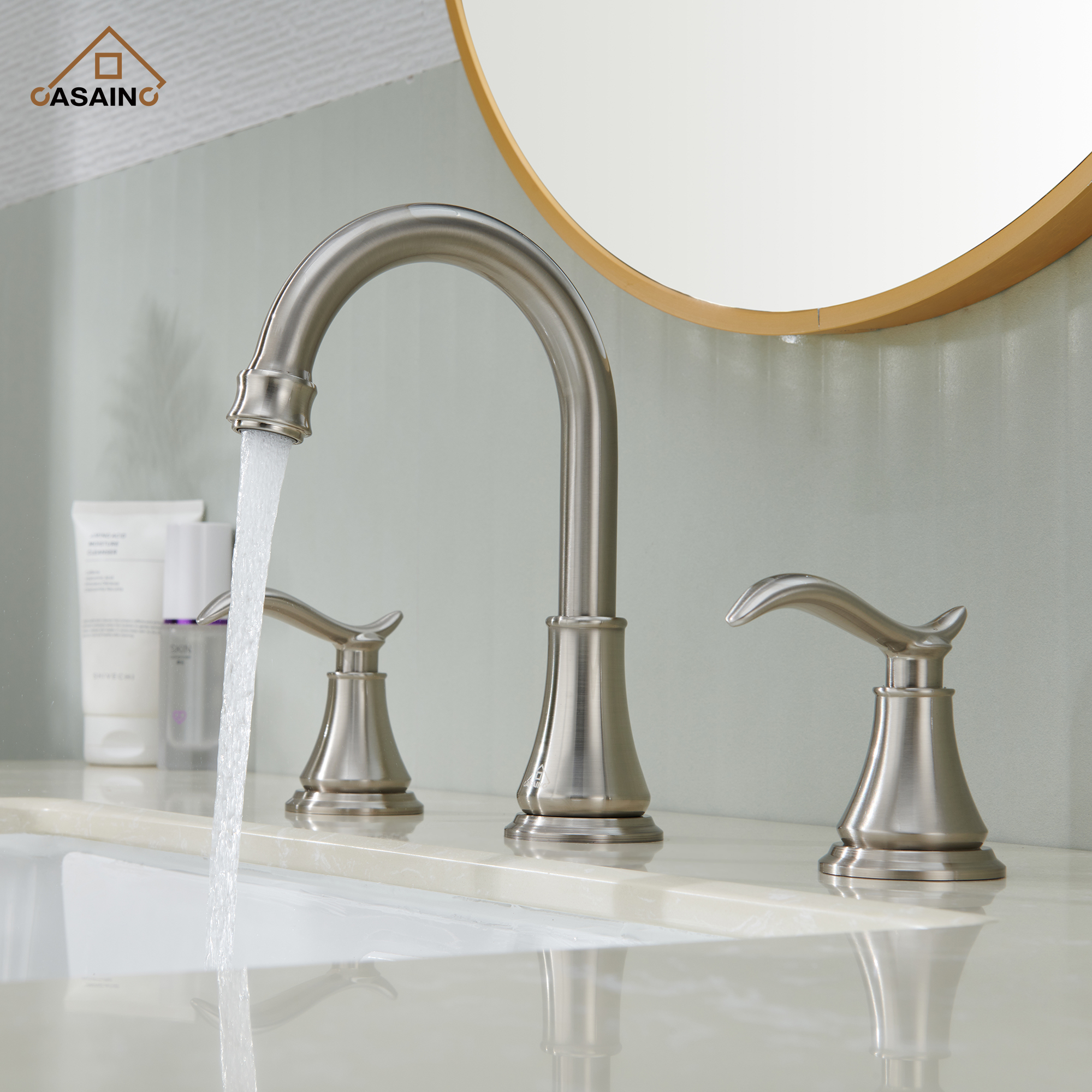 Casainc 8" Brass Bathroom Sink Faucet 2 Handle 3 Hole Gold Bathroom Faucet for Bathroom Sink with Pop-up Drain Assembly Widespread Vanity Faucets 360° Swivel Spout