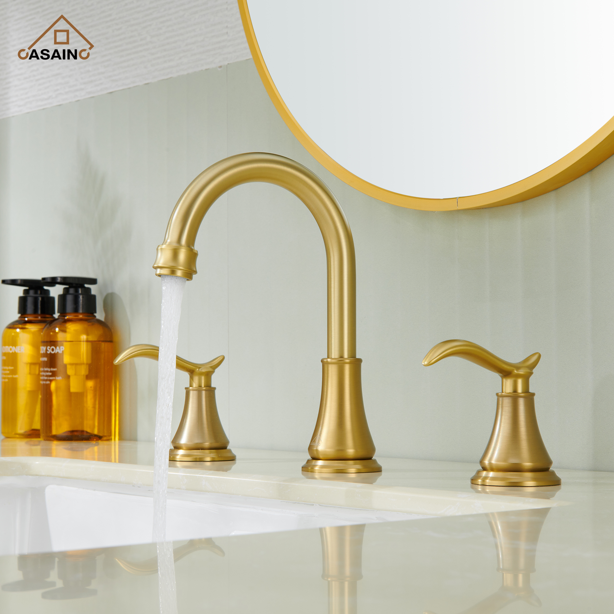 Casainc 8" Brass Bathroom Sink Faucet 2 Handle 3 Hole Gold Bathroom Faucet for Bathroom Sink with Pop-up Drain Assembly Widespread Vanity Faucets 360° Swivel Spout