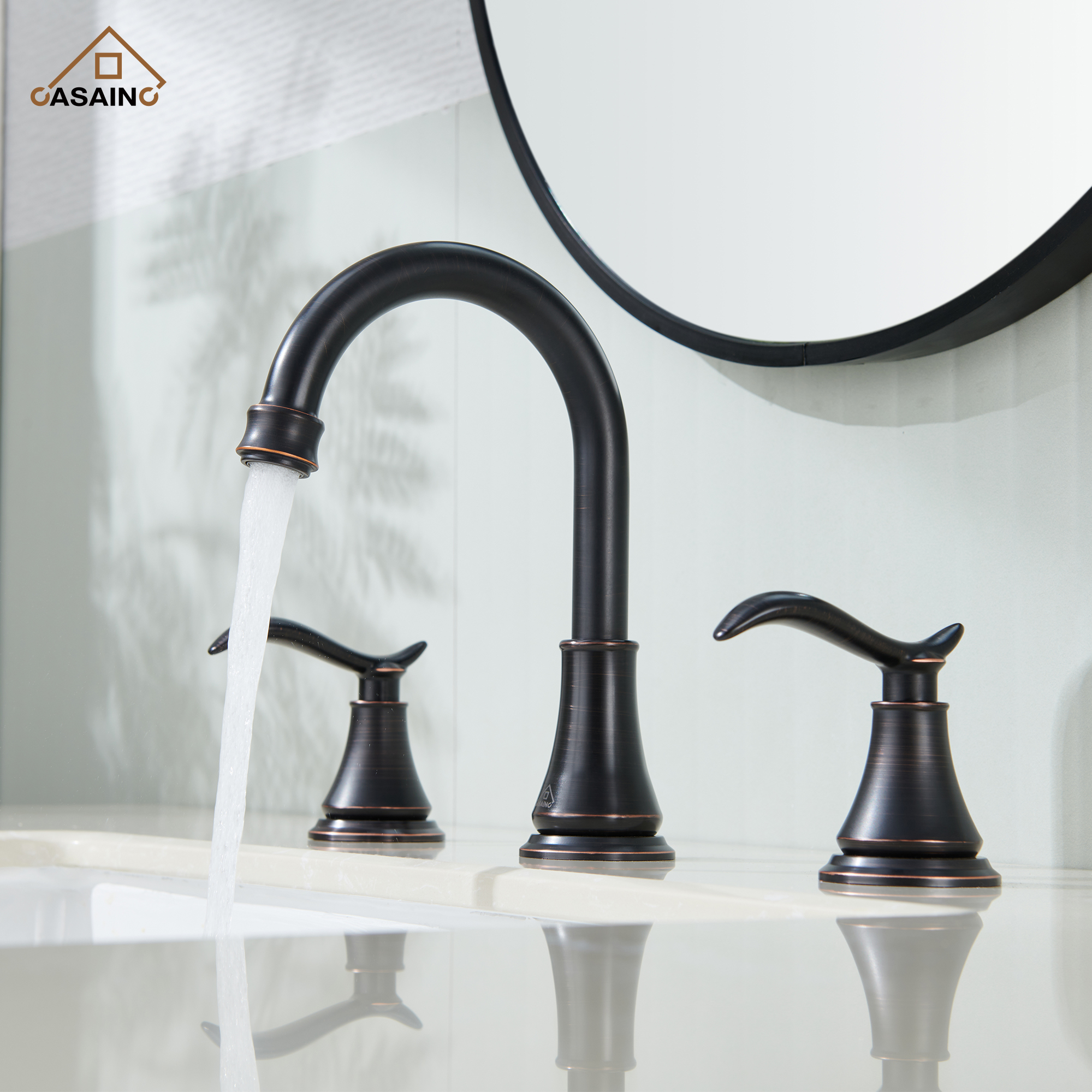 Casainc 8" Brass Bathroom Sink Faucet 2 Handle 3 Hole Gold Bathroom Faucet for Bathroom Sink with Pop-up Drain Assembly Widespread Vanity Faucets 360° Swivel Spout