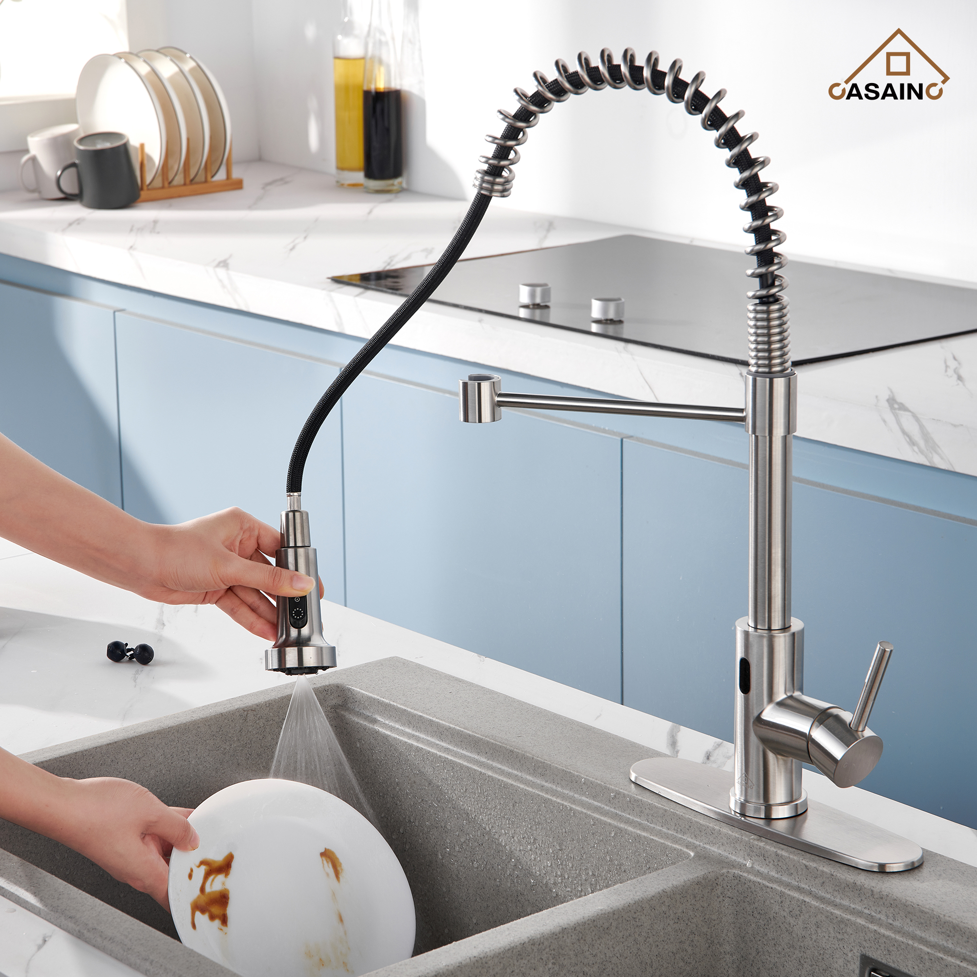 3-Mode Single Handle Pull-Down Sprayer Kitchen Faucet with Touchless Sensor and Includes Deckplate