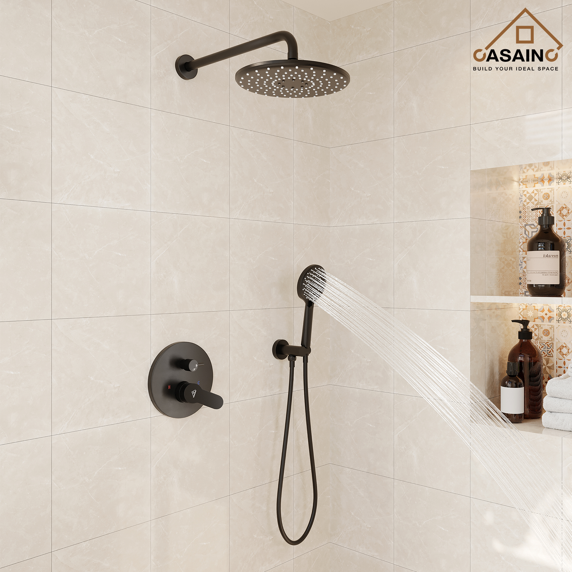 Casainc 3-Spray with 2.5 GPM 10 in. 2 Functions Wall Mount Dual Round Shower Heads in Spot in Matte Black (Valve Included)