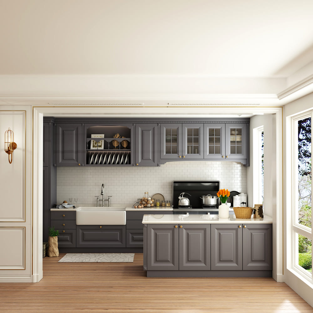 Bridge Style Pull-Down Kitchen Faucet with Double Handles & 3-Mode Spray