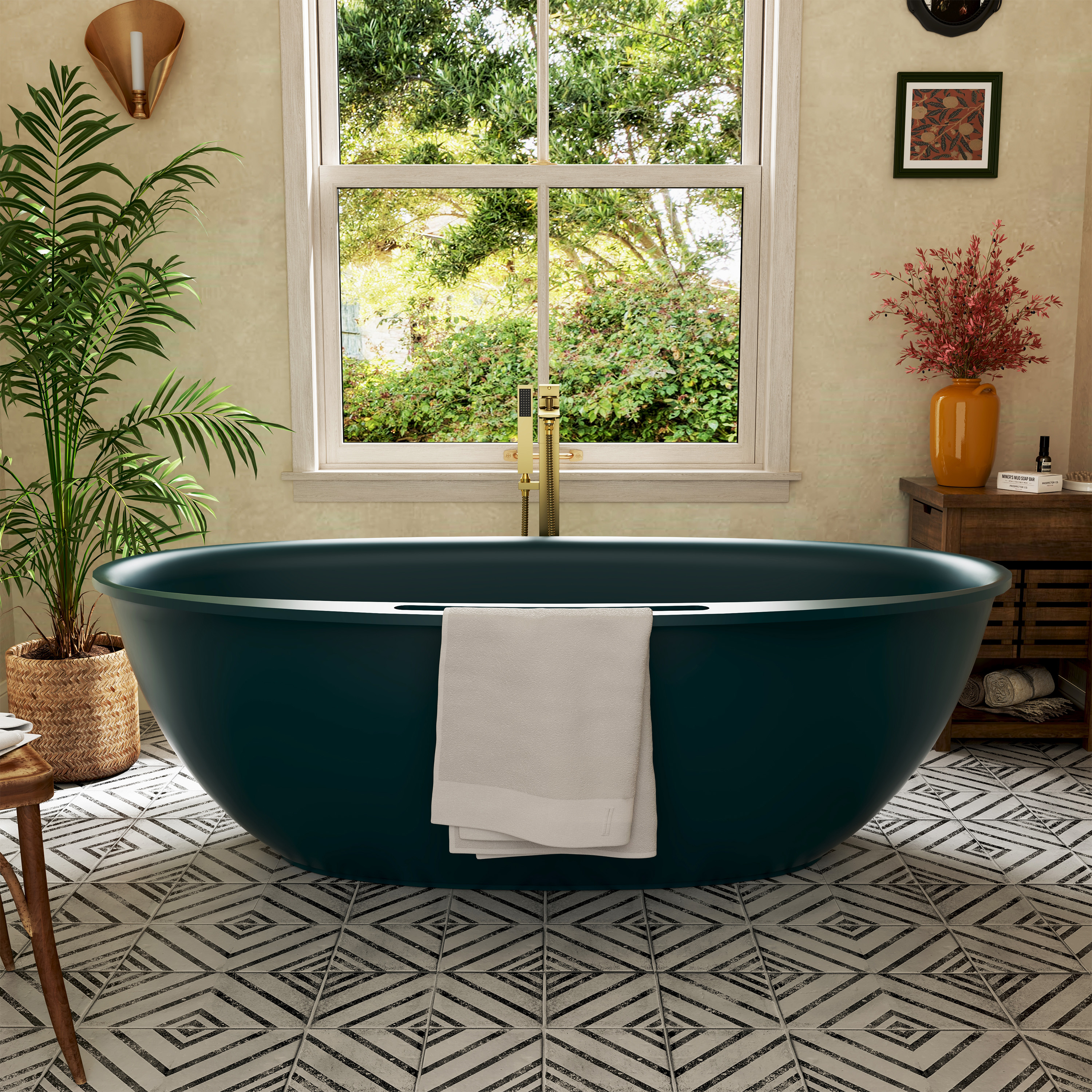 63"/67" Solid Surface Freestanding Matte Colored Bathtub with Rim Towel Slot