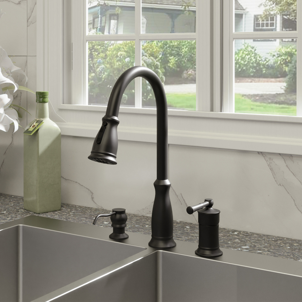 3-Hole Widespread Single-Handle Kitchen Faucet with 360° Swivel and 3-Function Spray