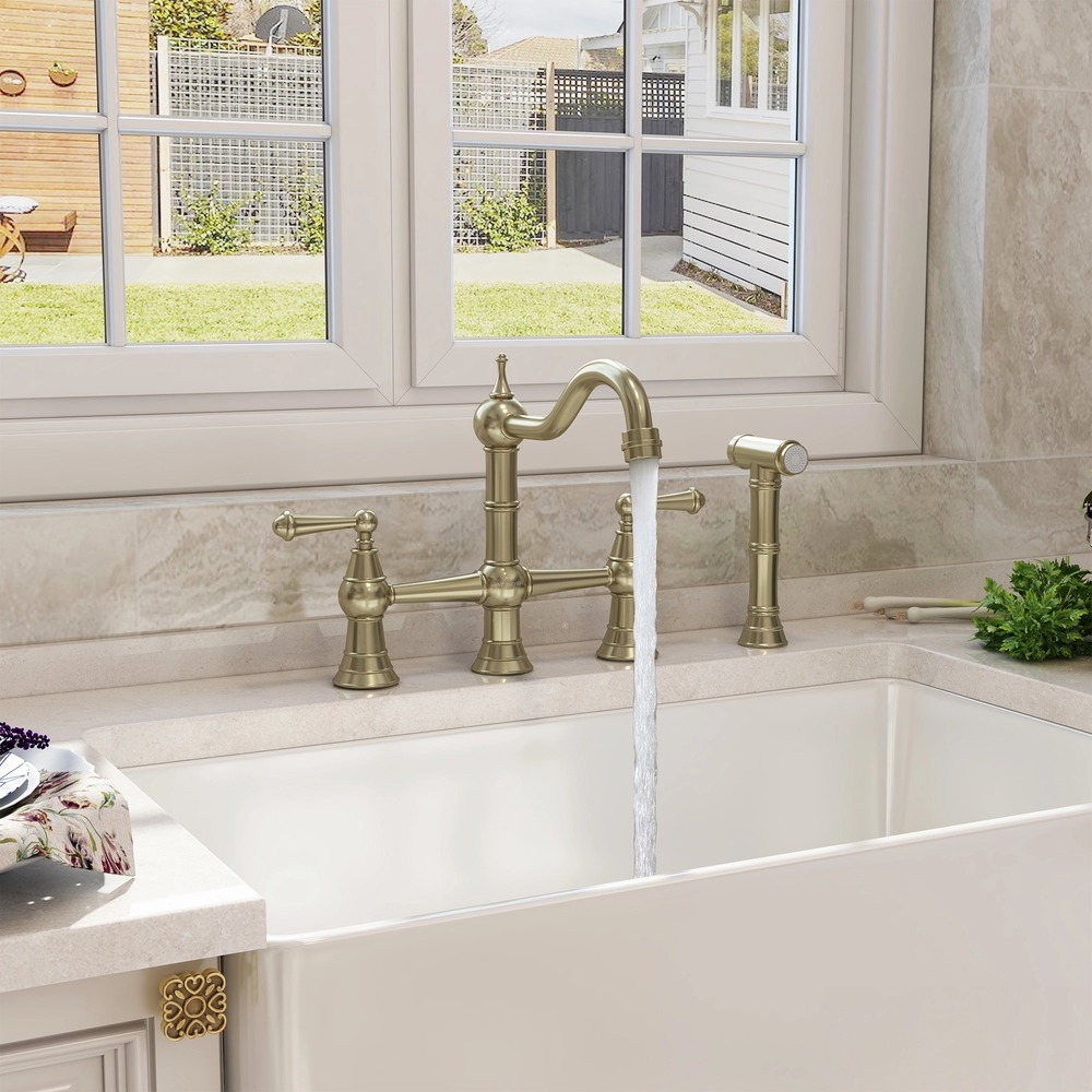 Vintage Dual-Handle Brass Kitchen Faucet with Side Spray