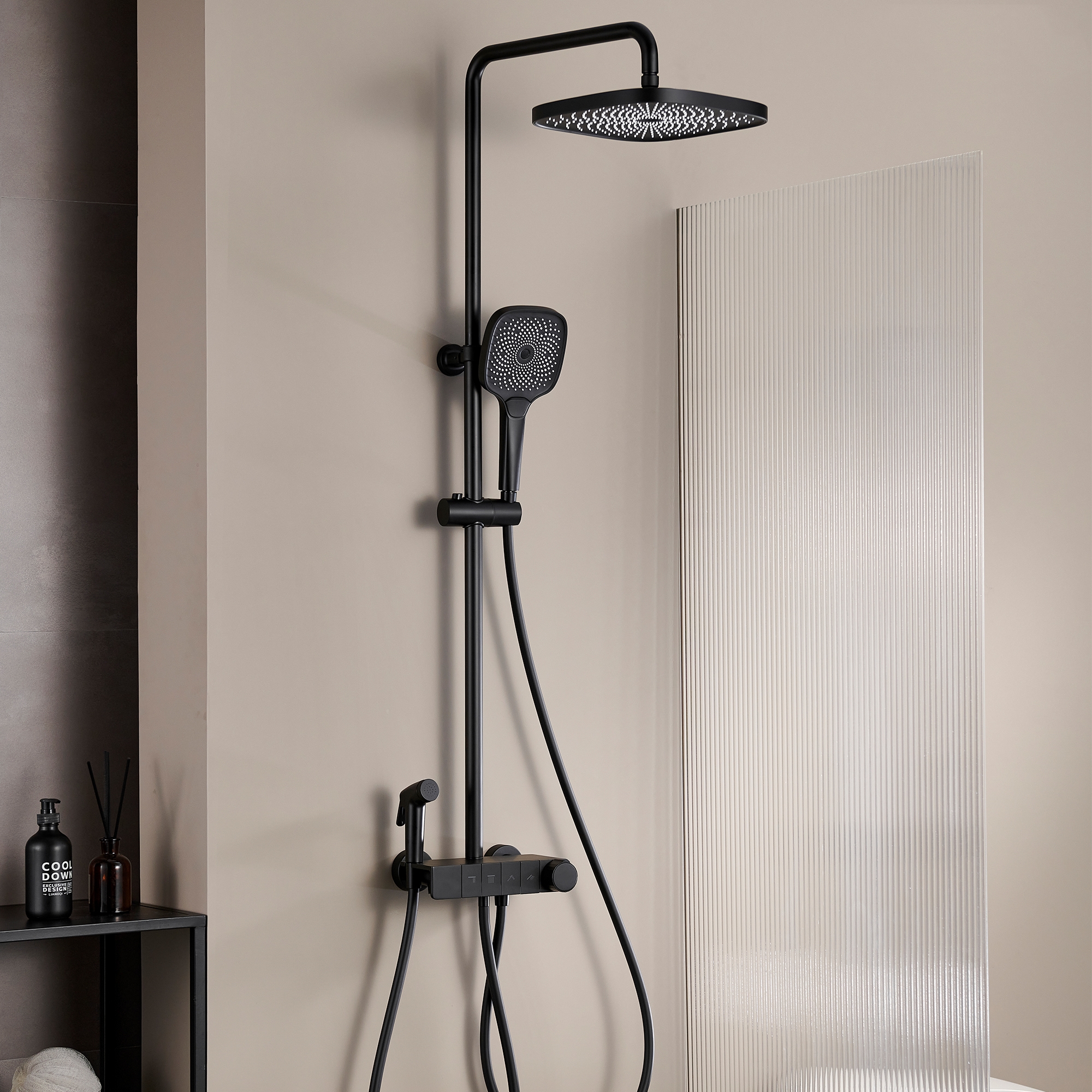 10-inch 4-Function Thermostatic Exposed Shower System with Tub Spout & Handheld Bidet