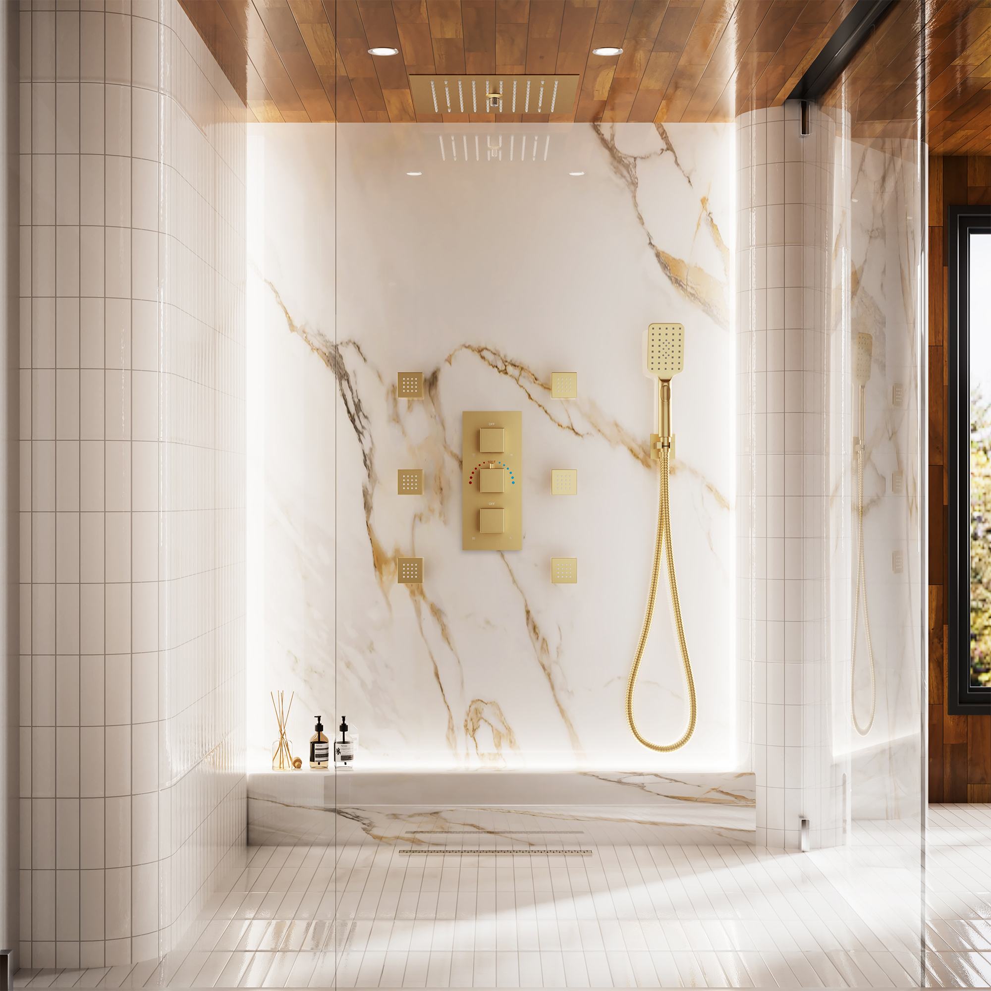 Thermostatic 4-Function LED Luxury Shower System with 12" Rainfall Showerhead