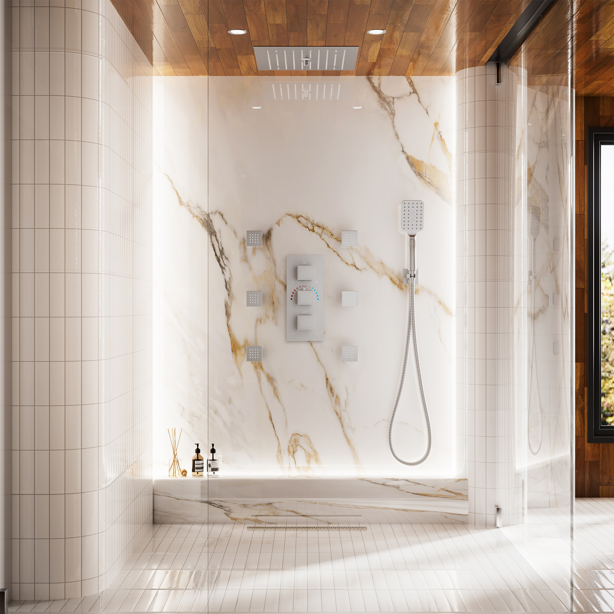 Thermostatic 4-Function LED Luxury Shower System with 12" Rainfall Showerhead