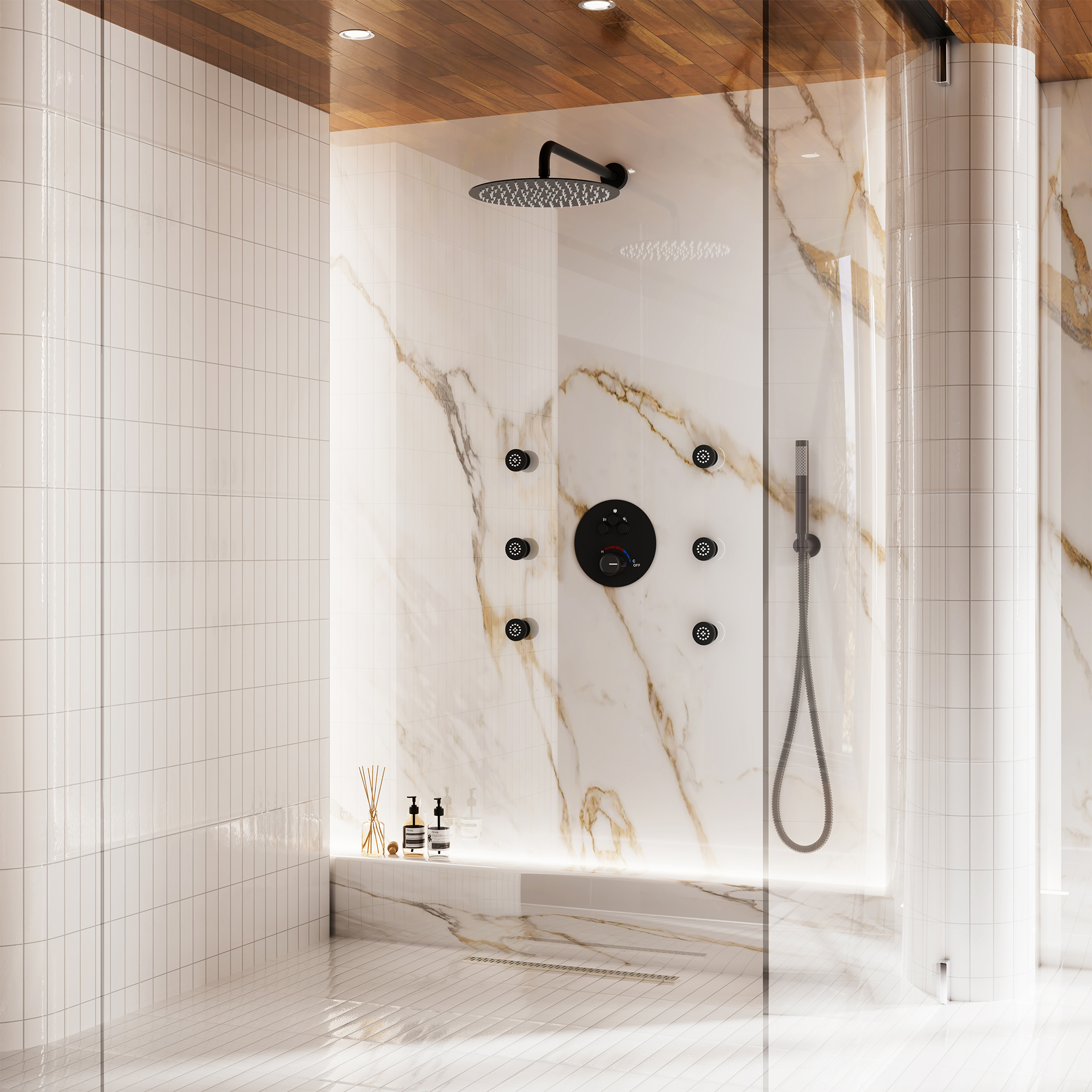 12" Round Rainfall Shower System with 6 Adjustable Body Jets