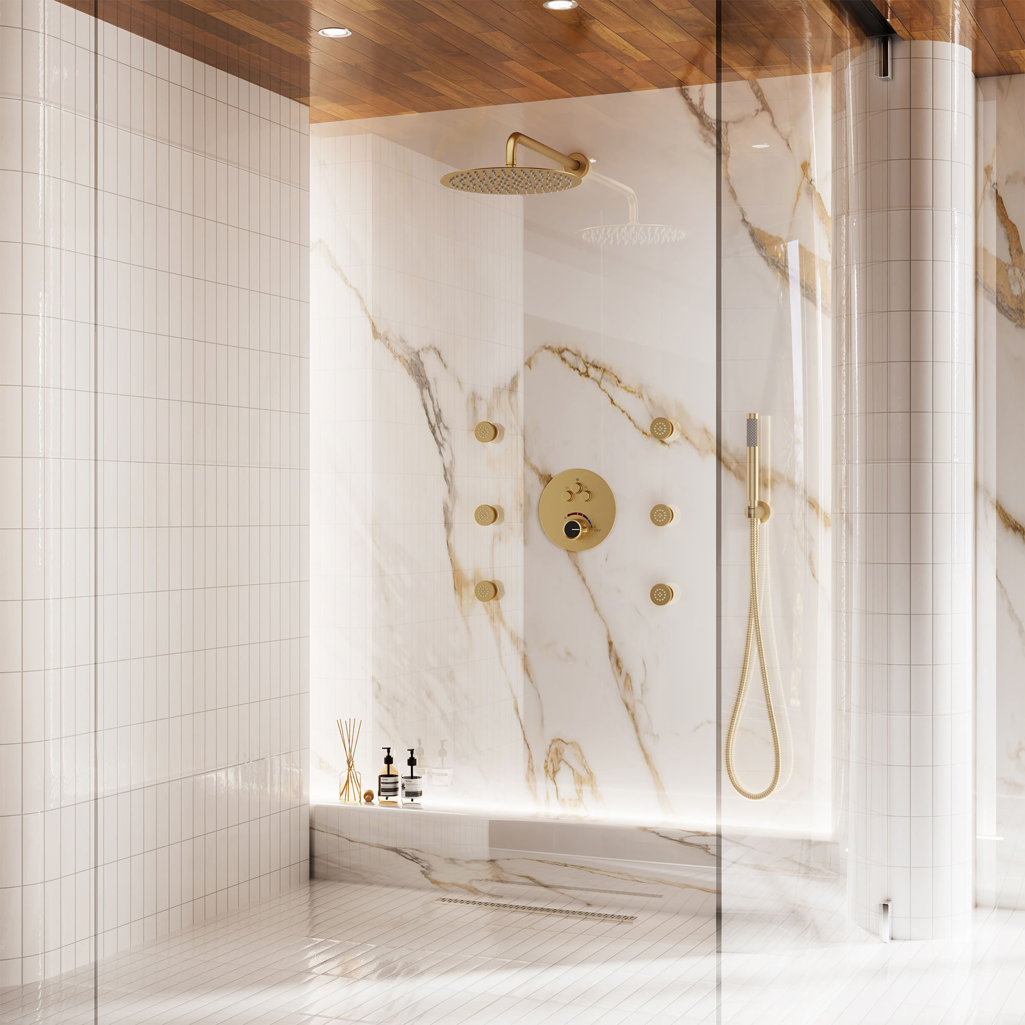 12" Round Rainfall Shower System with 6 Adjustable Body Jets