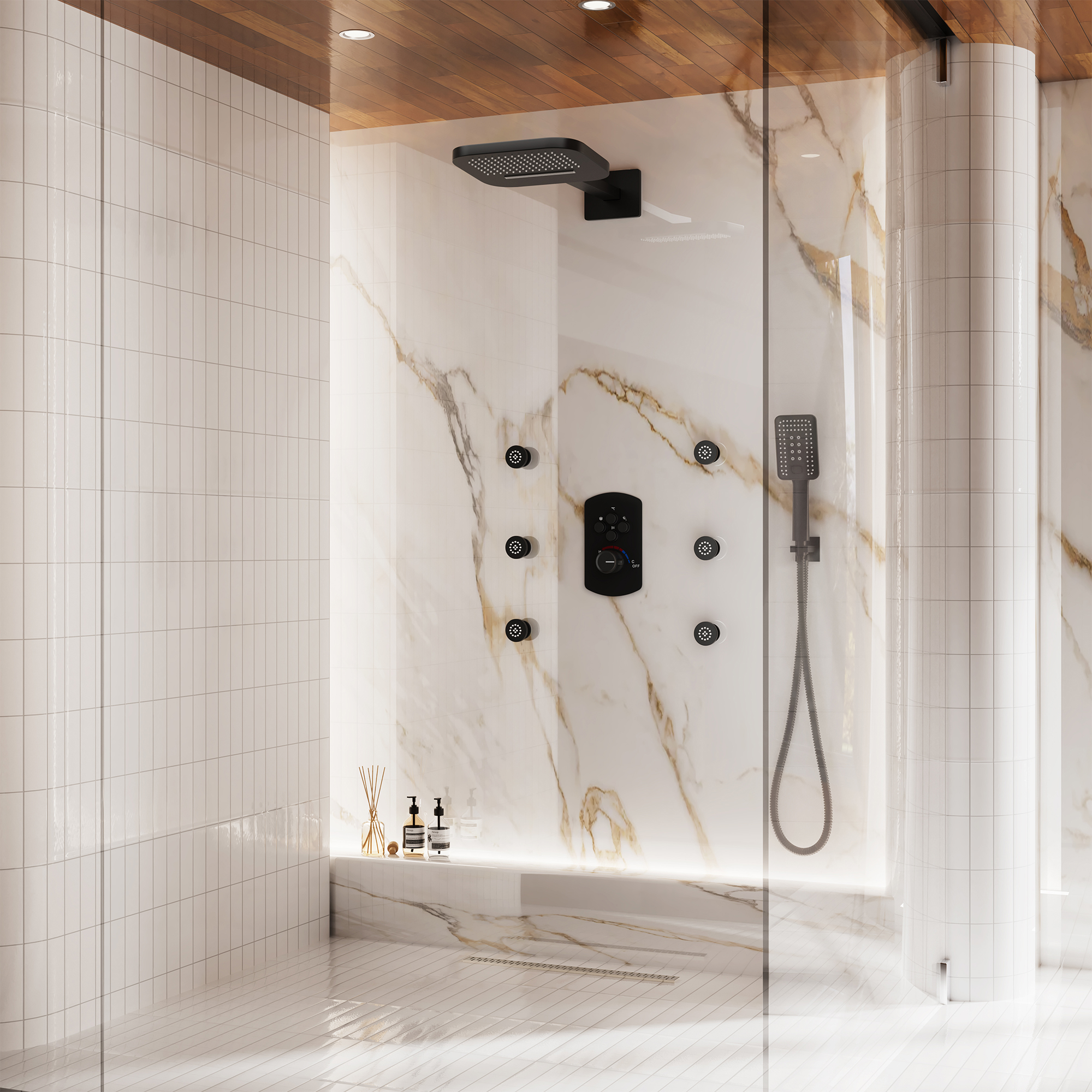 Luxurious Balancing Valve Shower System with 360° Body Jets and Water Bar Spray