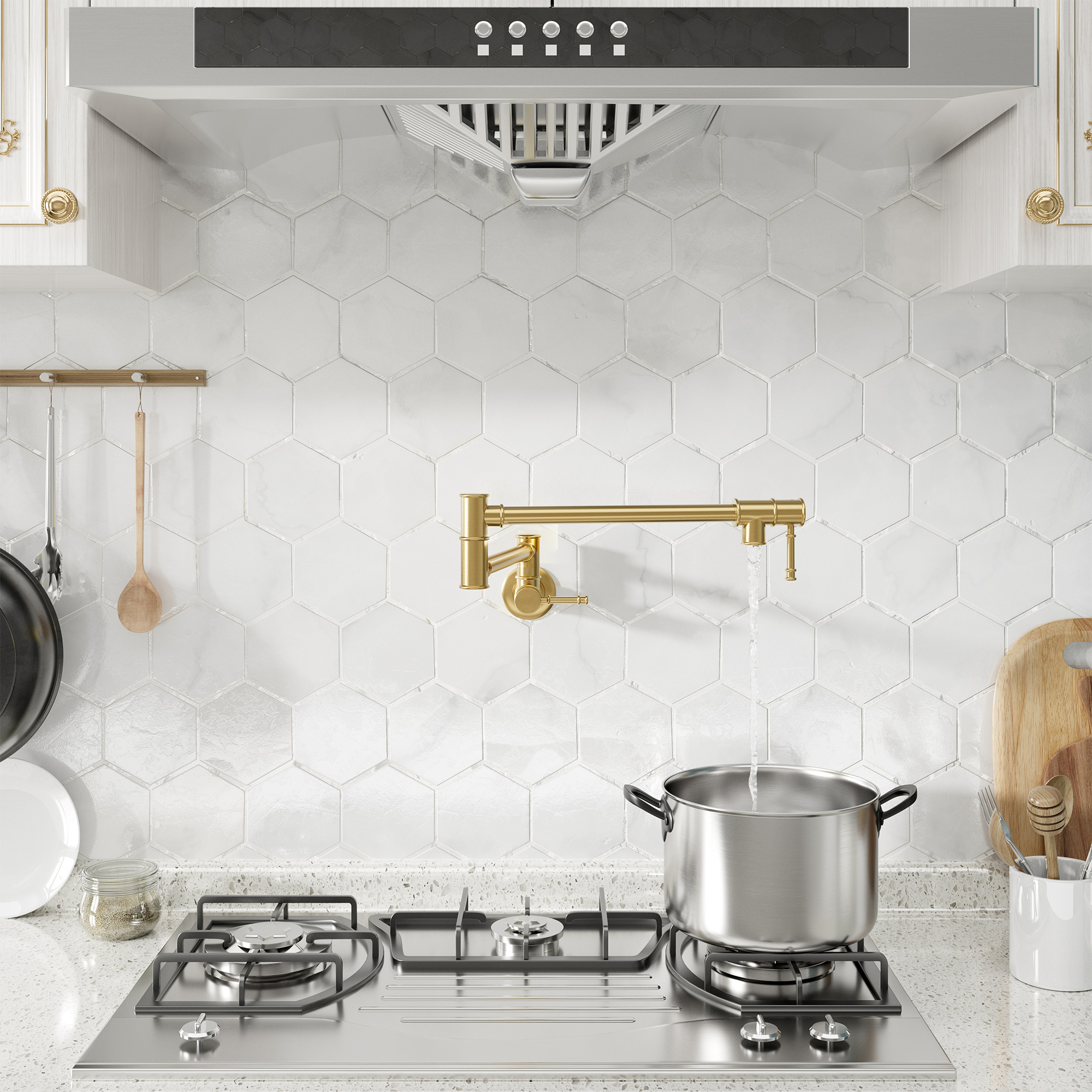 Space-Saving Wall-Mounted Pot Filler with Double Handles and Folding Design