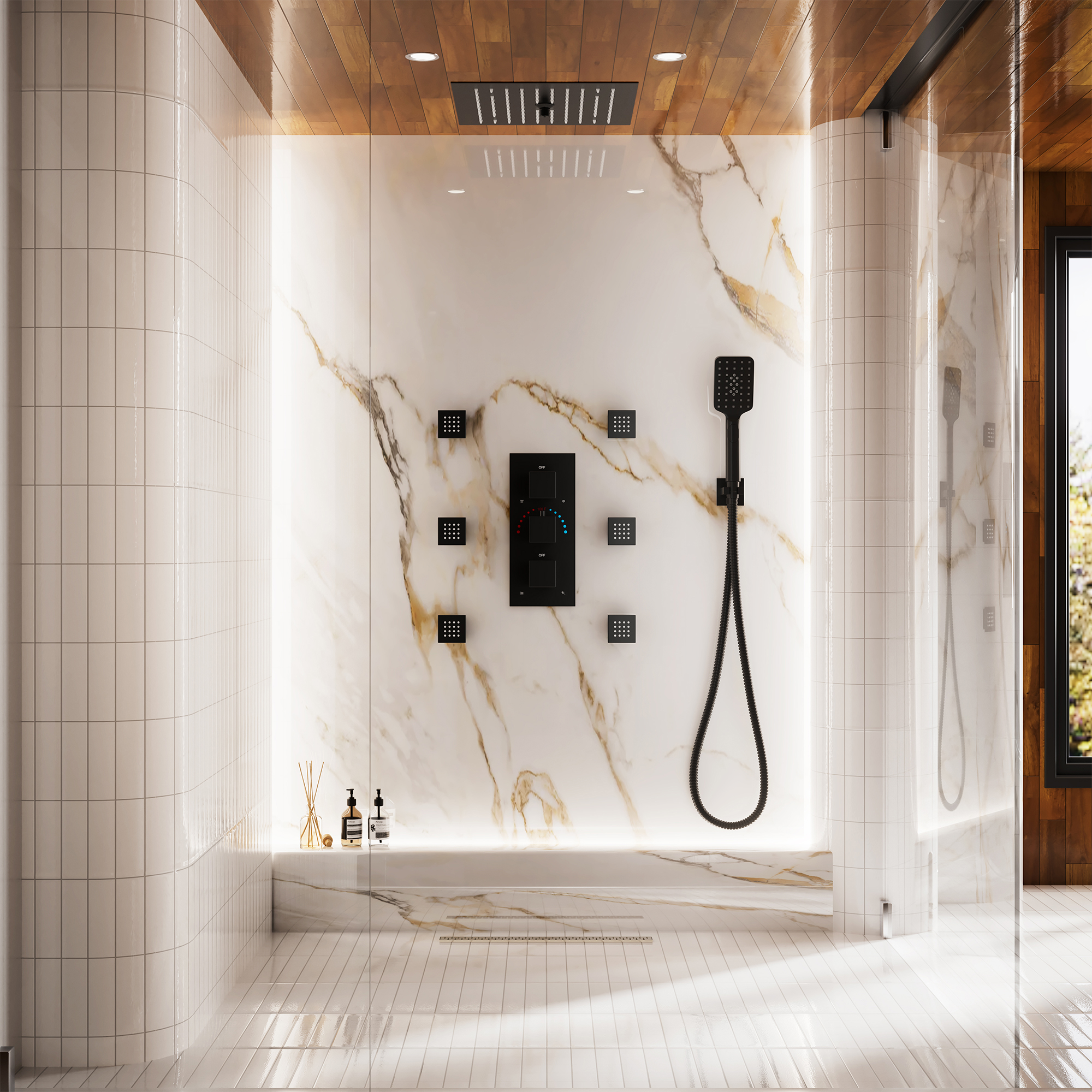 Thermostatic 4-Function LED Luxury Shower System with 12" Rainfall Showerhead