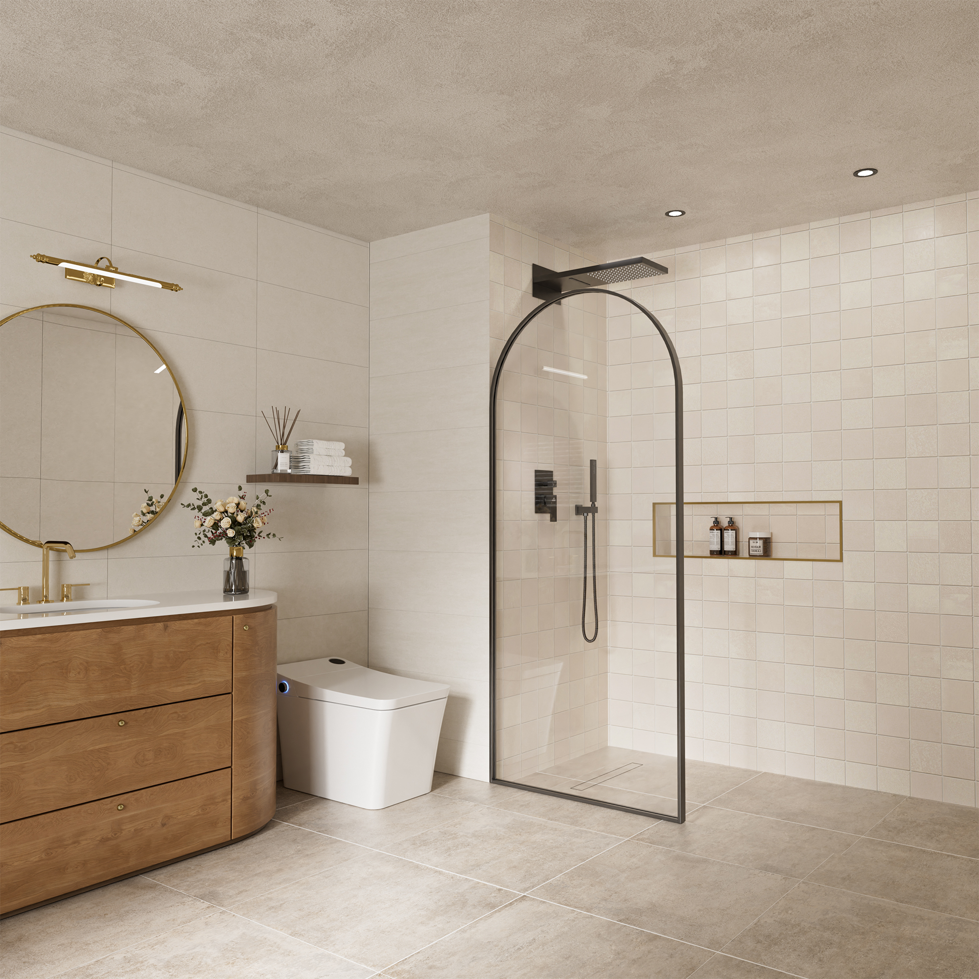 34"x78" Tempered Glass Shower Screen with Integrated Curved Frame