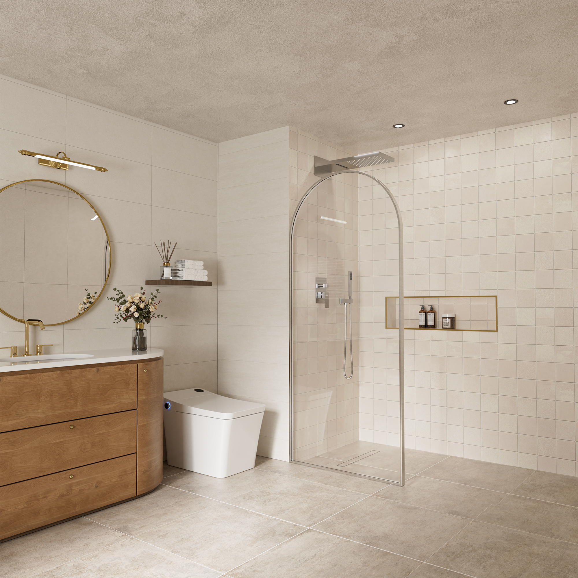 34"x78" Tempered Glass Shower Screen with Integrated Curved Frame