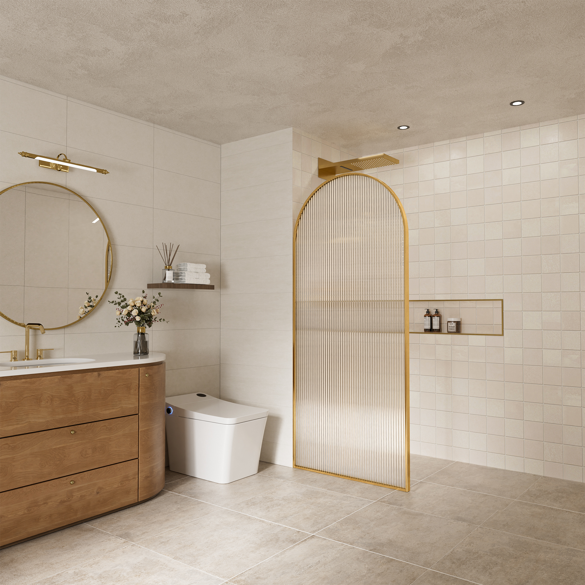 34"x78" Curved Frosted Glass Shower Screen with 10mm SGCC-Certified Tempered Glass