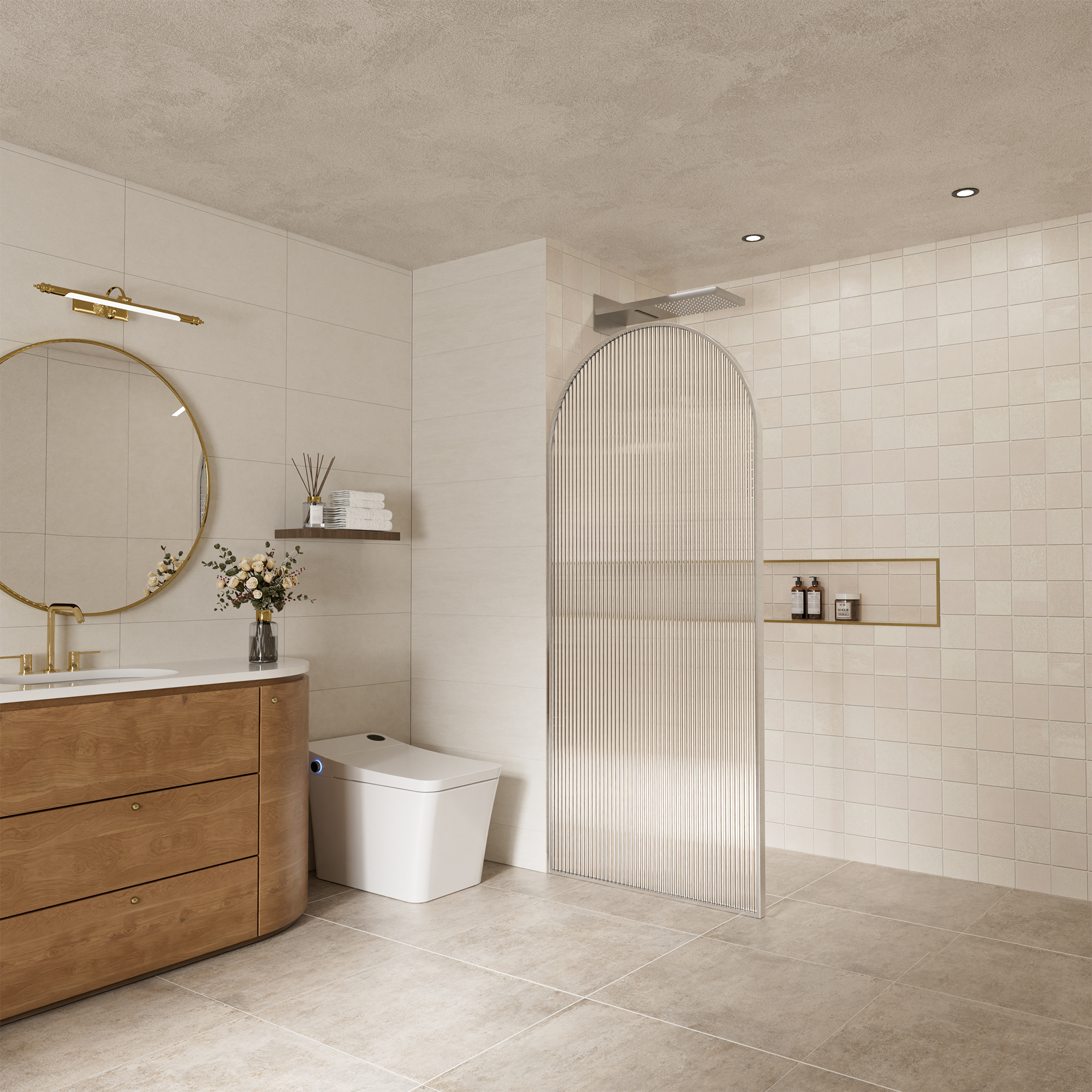 34"x78" Curved Frosted Glass Shower Screen with 10mm SGCC-Certified Tempered Glass