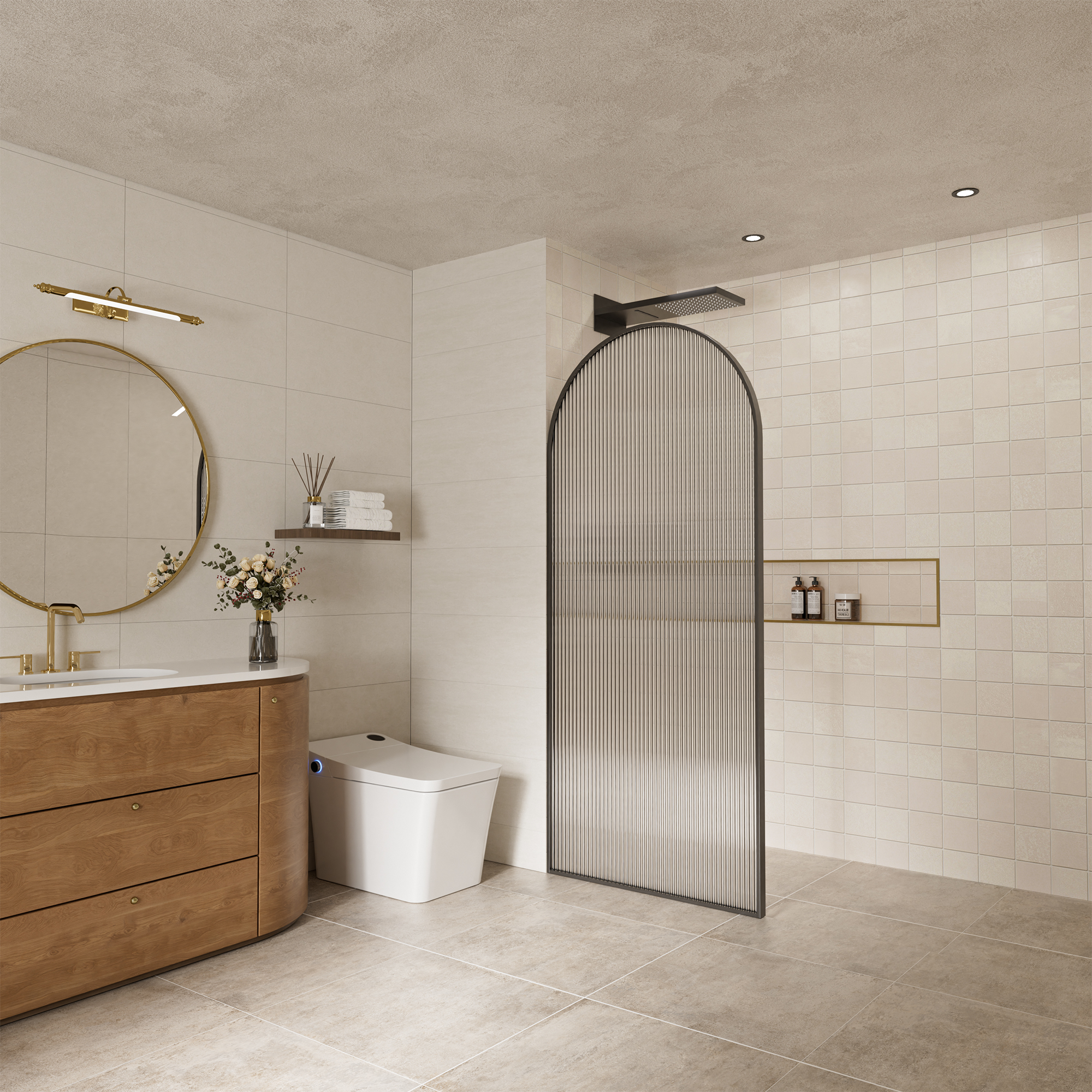 34"x78" Curved Frosted Glass Shower Screen with 10mm SGCC-Certified Tempered Glass