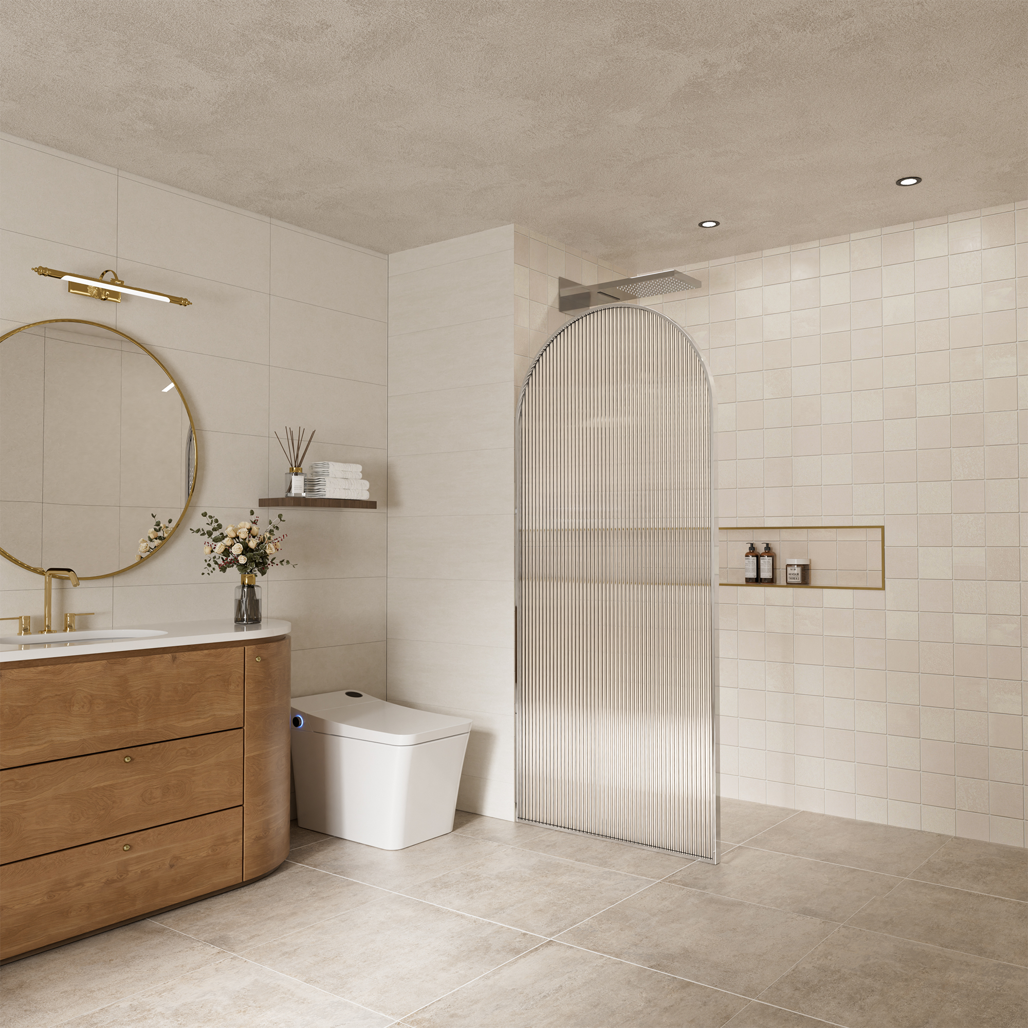 34"x78" Curved Frosted Glass Shower Screen with 10mm SGCC-Certified Tempered Glass