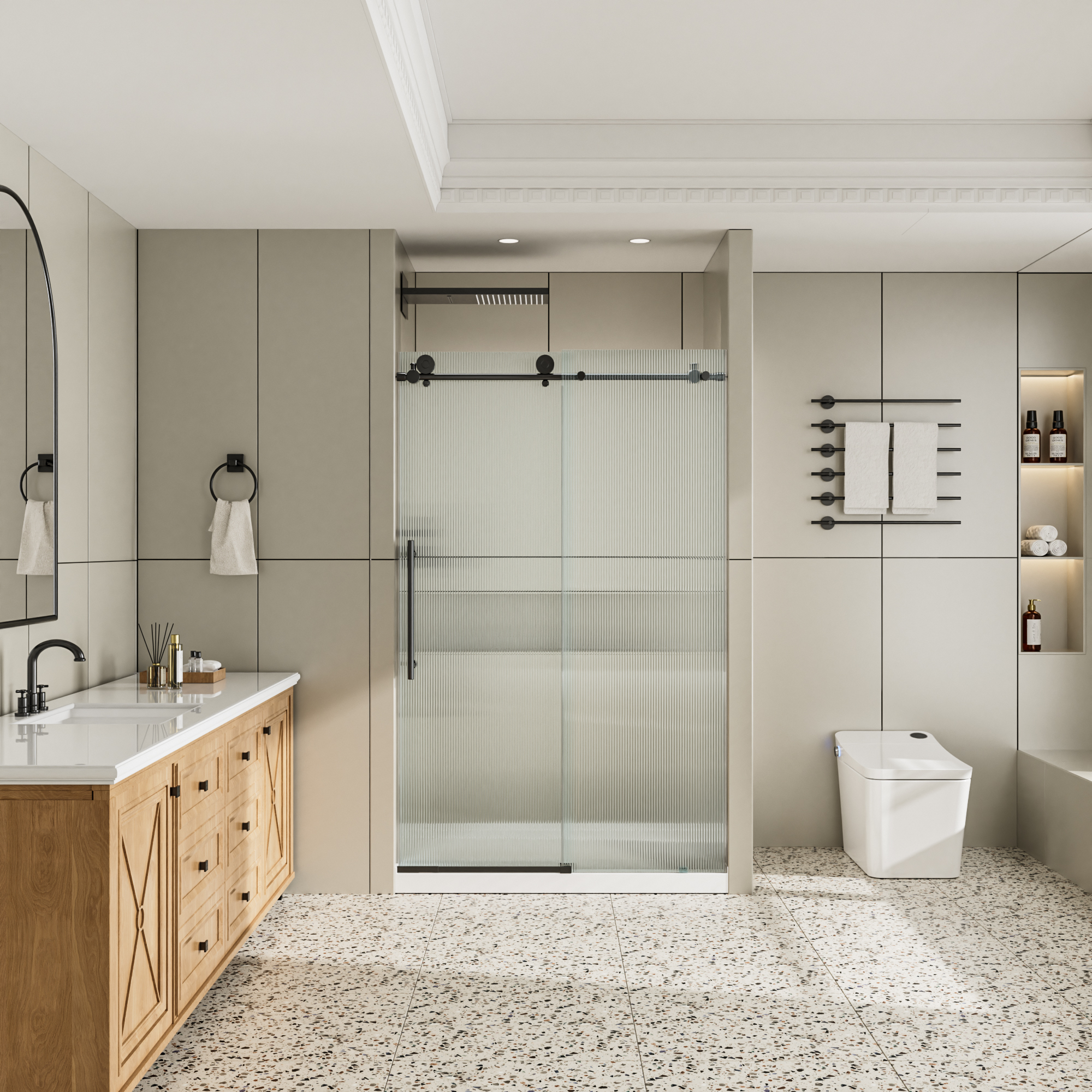 48"x76" Single Sliding Frameless Shower Door with 10mm Fluted Tempered Glass